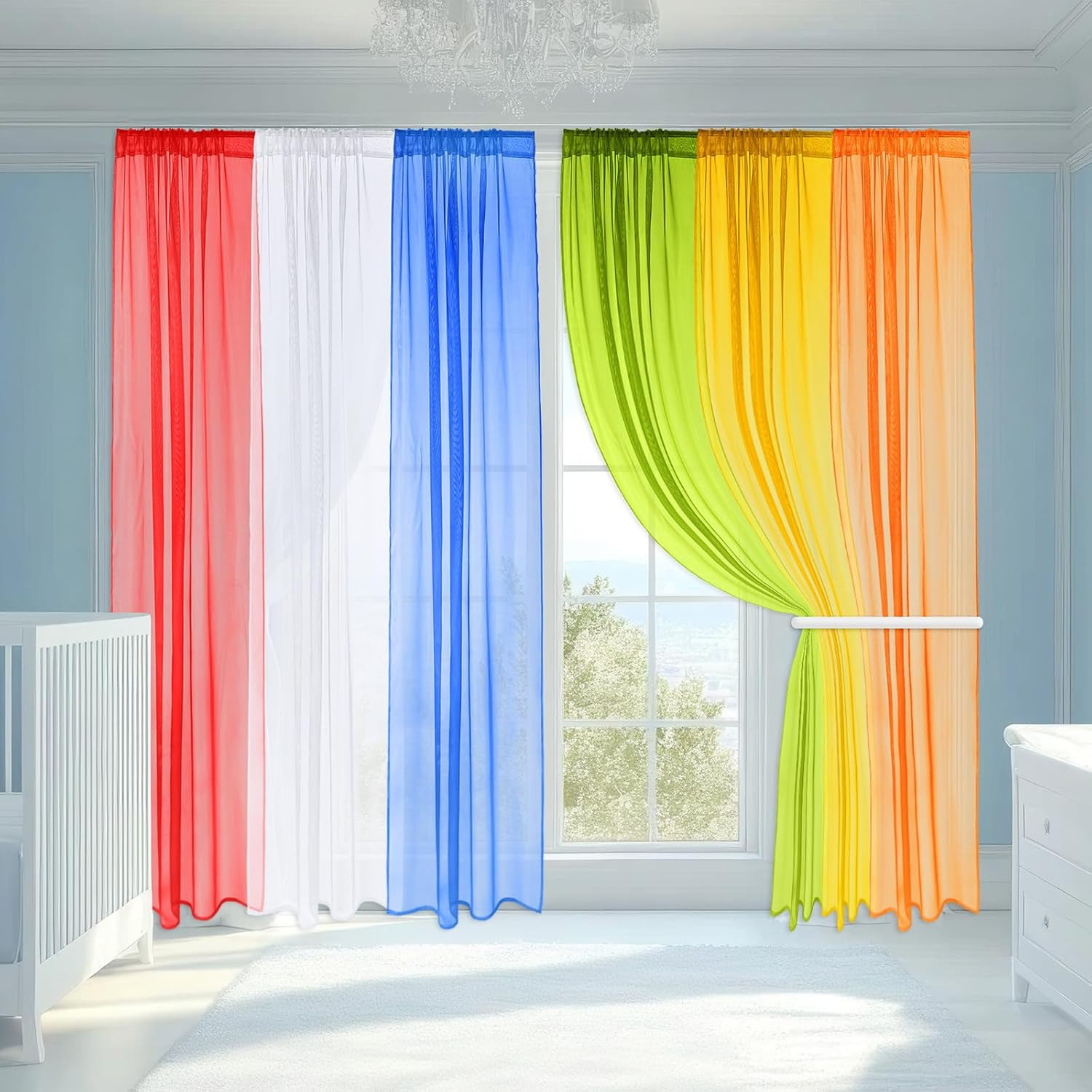 6 Pcs Back to School Rainbow Sheer Curtains 6 Colors Sheer Curtains Set 90X55 In