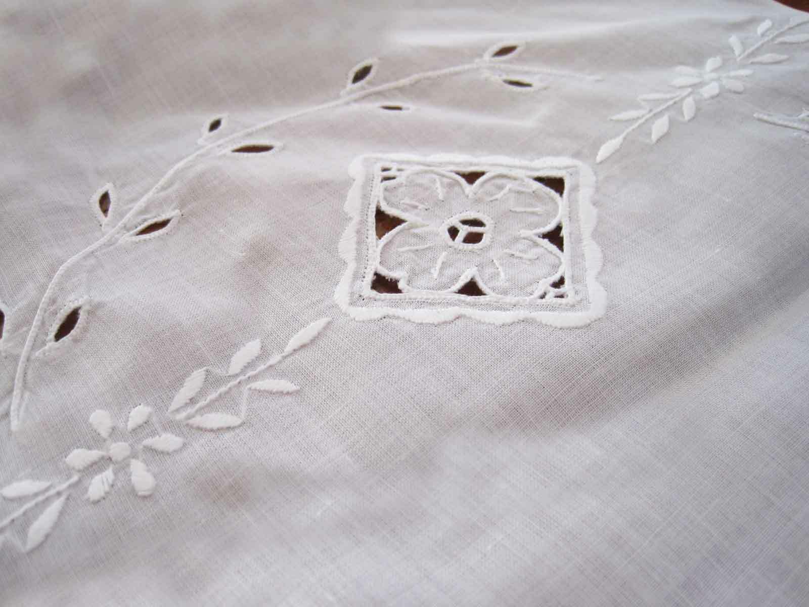 @ Vintage Style Hand Flower Embroidery Hemstitch Cutwork White Linen Curtain C