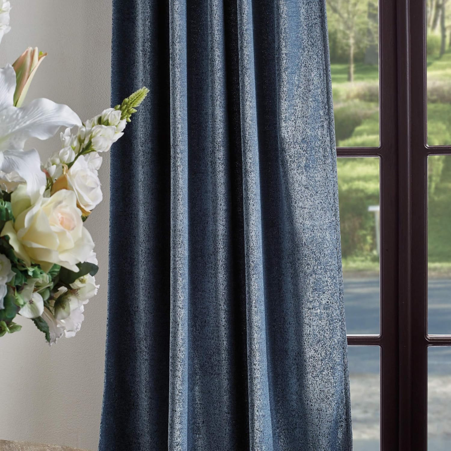 Navy Naples Chenille Back Tab Window Curtain Panel Pair, 84″ Long