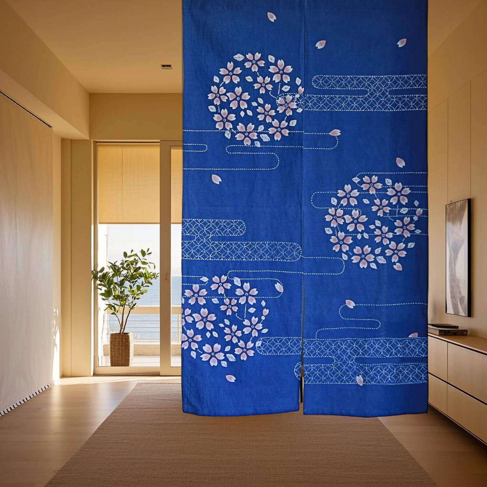 Japanese Noren Door Curtain, Shibori Plant-Dyed Cotton Tapestry – Cherry Blossom