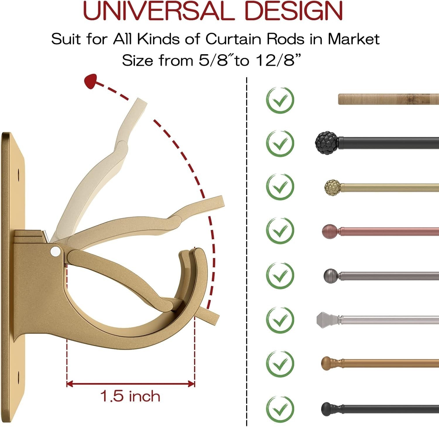 4PC No Drill Curtain Rod Brackets Gold Plastic Self-Adhesive & Screw Mount