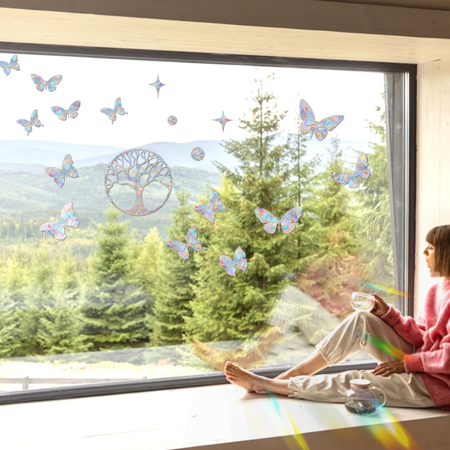 Tree-Butterfly Prism Window Collision Clings for Bird Strikes, 51 Rainbow