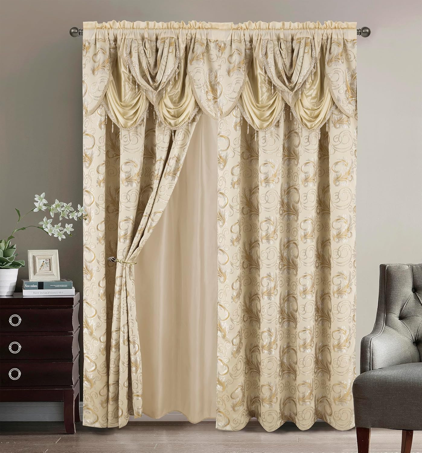 Jacquard Luxury Window 2 Panel Set Beige Curtain with Attached Valance and Backi