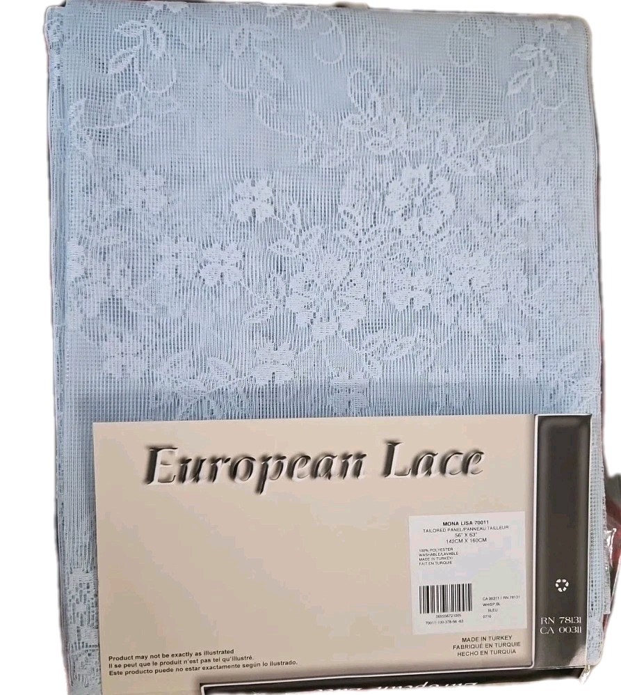 European Lace Sheer Curtain Window Panel 56″X63″ Lt. Blue Whisper New 3 Avail