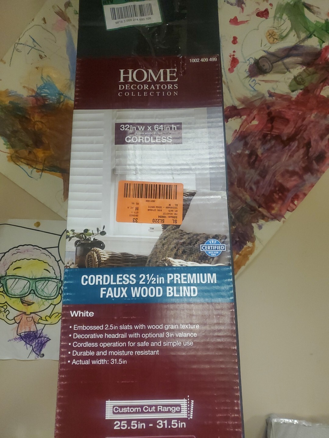 32″ X 64″ Home Decorators White Cordless 2 1/2″ Premium Faux Wood Blinds Rm Dark