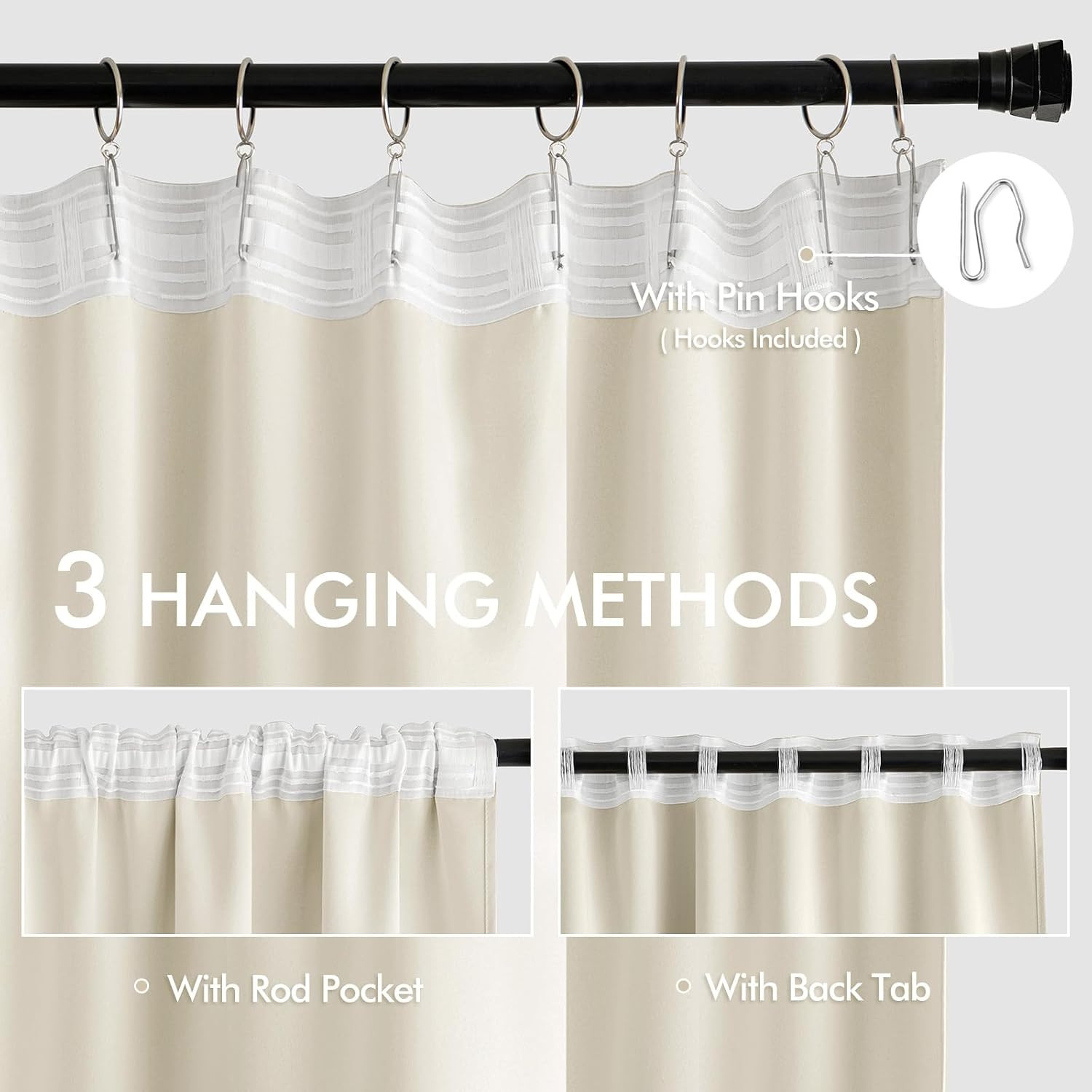 MIULEE Beige White Back Tab Blackout Curtains 63 Inch Length 2 Panels Set for Li