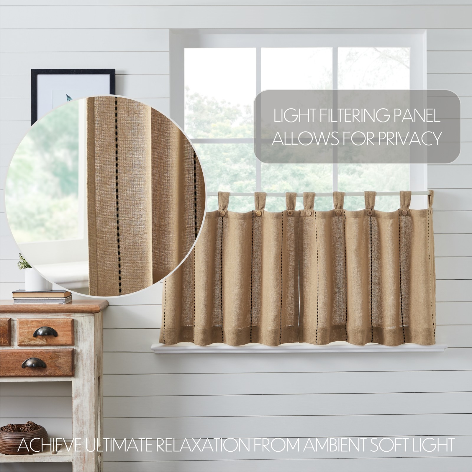 Farmhouse 24″x36″ Tier Pair Tan Tab Top Kitchen Window Curtains VHC Brands