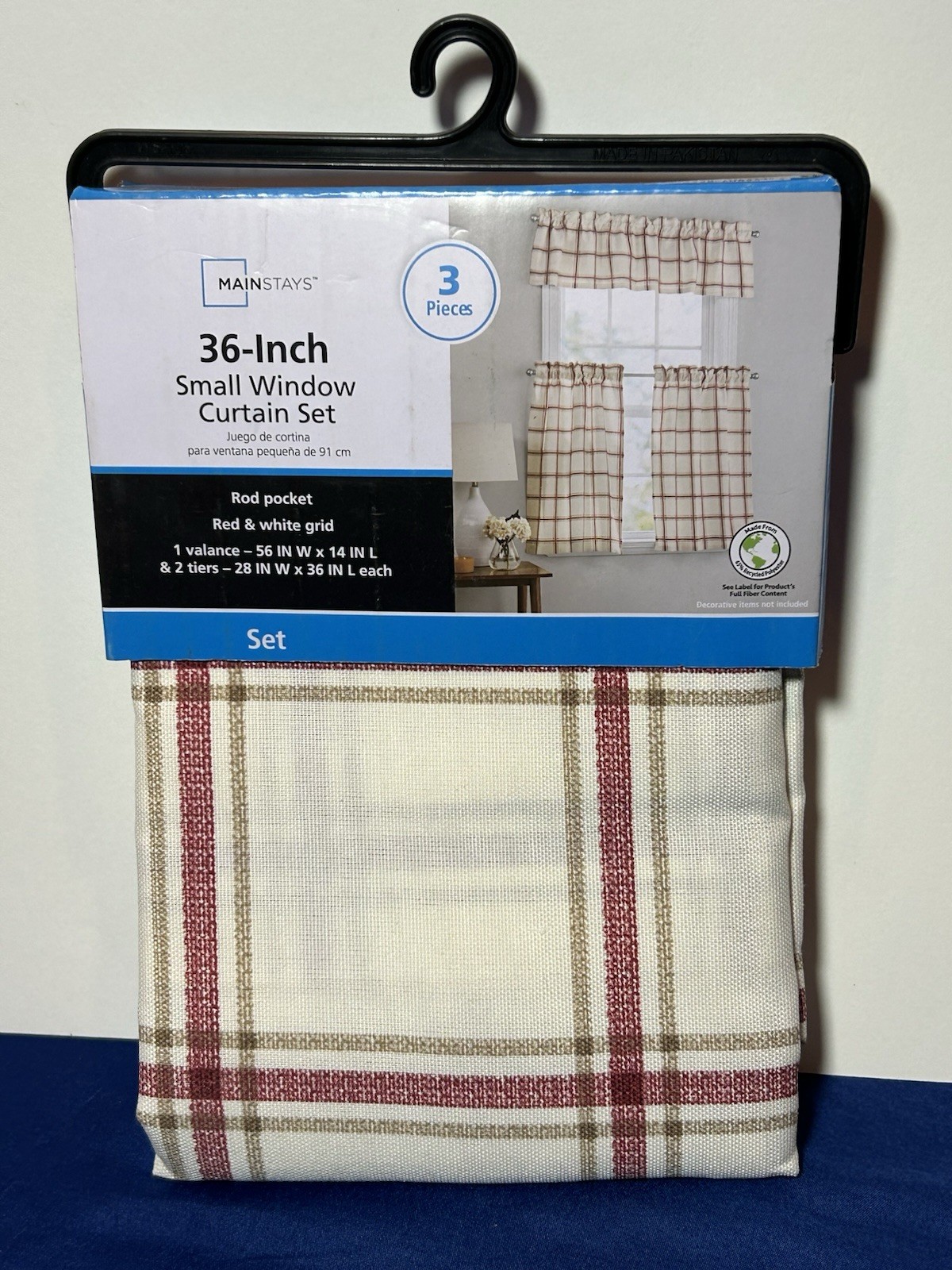Main Stays 3 Pc Curtain Set 2 Tiers 28” x 36″ Valance 56″ x 14″ Red & White Grid