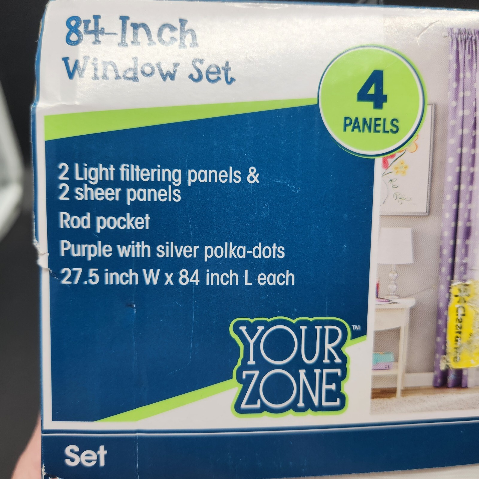 4‑Piece Curtain Panel Set 84″ – Purple Foil Polka Dot + White Sheers NEW