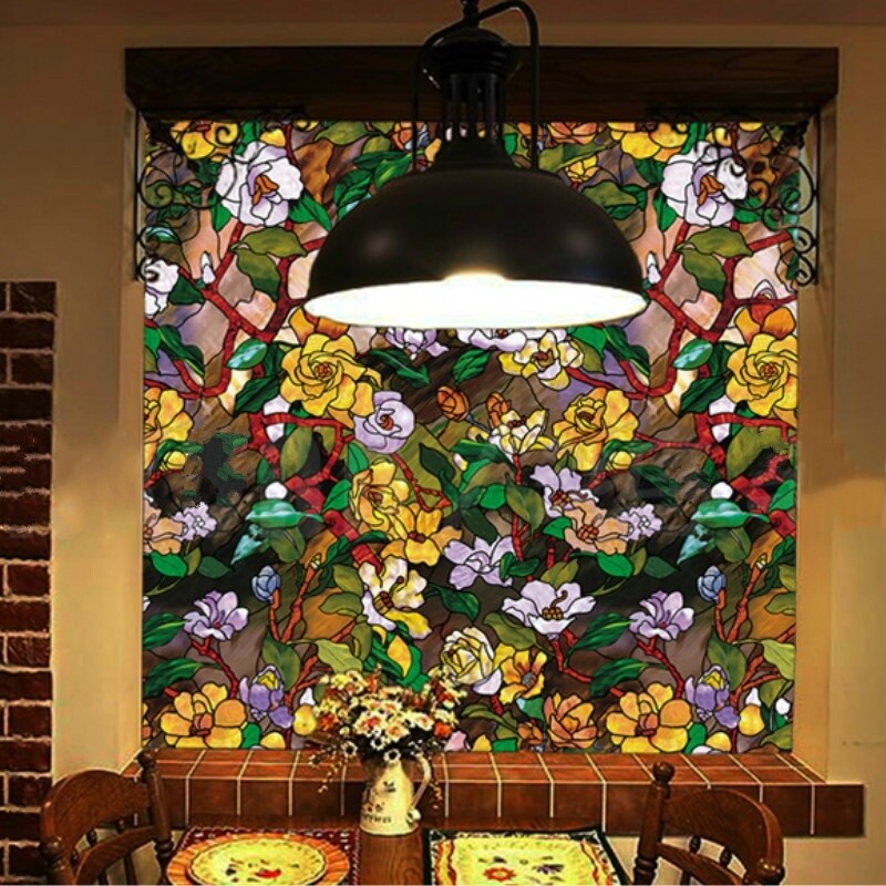 3D Stained Camellia Window Films Static Cling Frosted Glass Sticker Opaque Retro