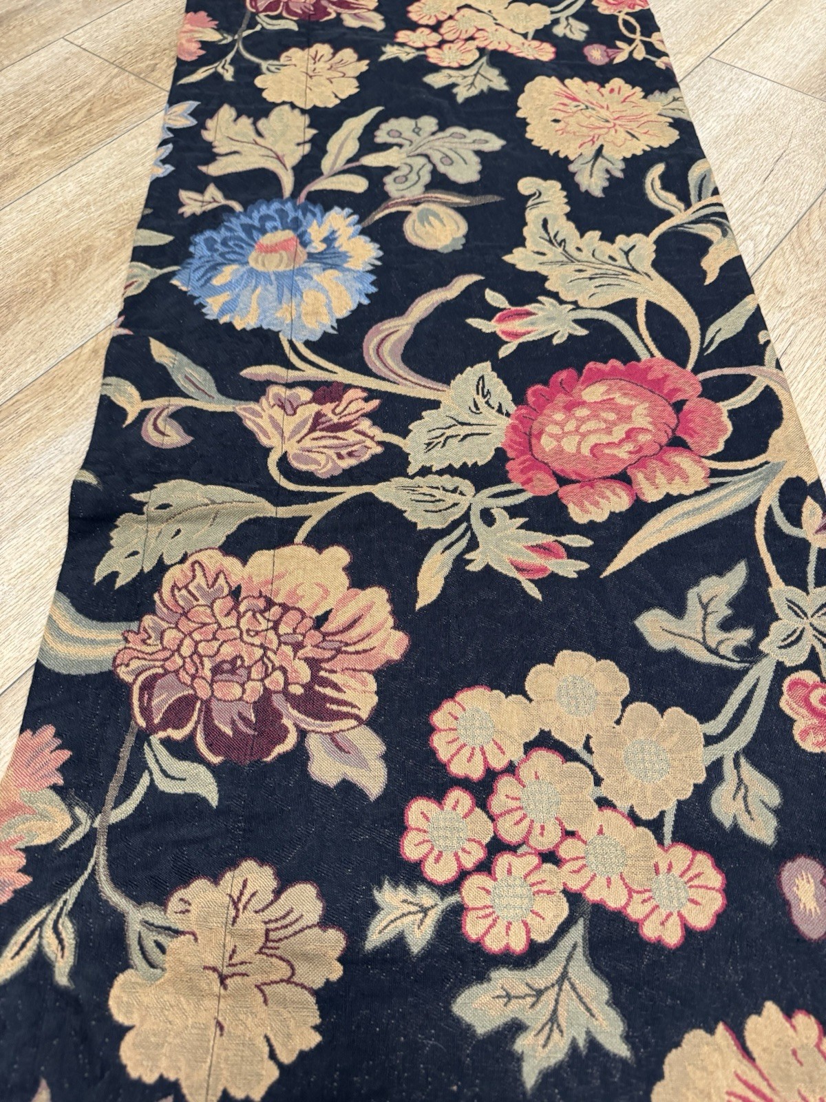Cottage Florals on Black Woven Brocade Tapestry Style Valance 80 x 19″ Curtain