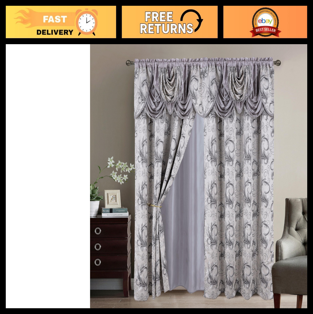 Luxury Jacquard Curtain Panel Set with Valance & Backing – 54×84″ Silver Gray