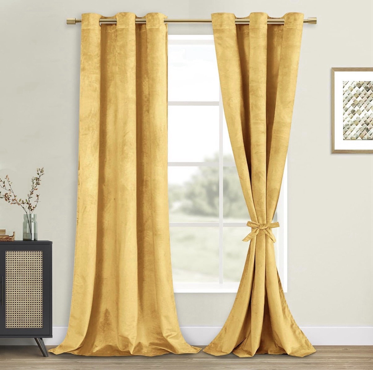 2 Panels Room Darkening Soft Velvet Curtains Solid Yellow 42”x96” Tieable