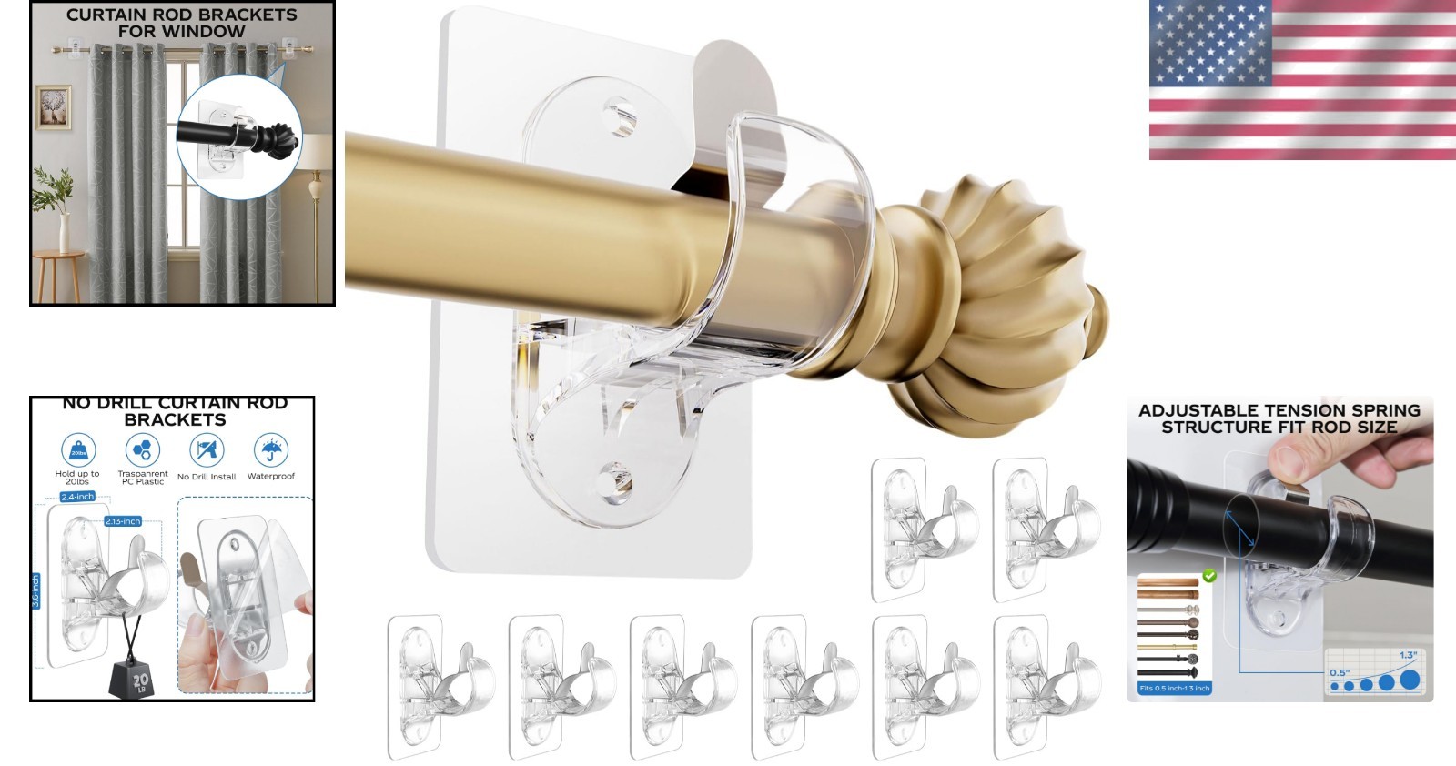 No Drill Curtain Rod Brackets 8 Pack Heavy Duty Self Adhesive Hooks for 0.5 t…