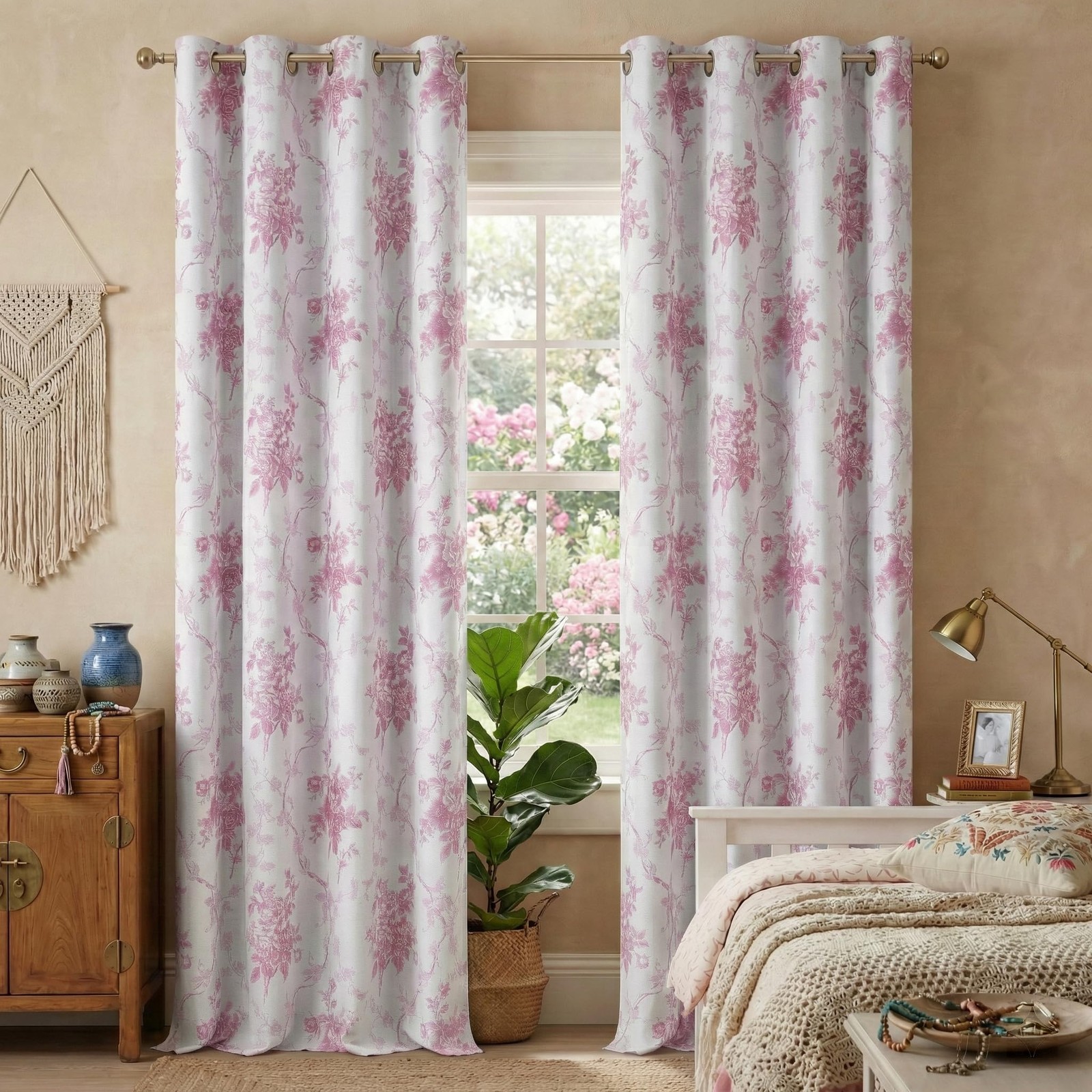 NICETOWN Pink Floral 100% Blackout Living Room Curtains 96 inches Long, Grommet