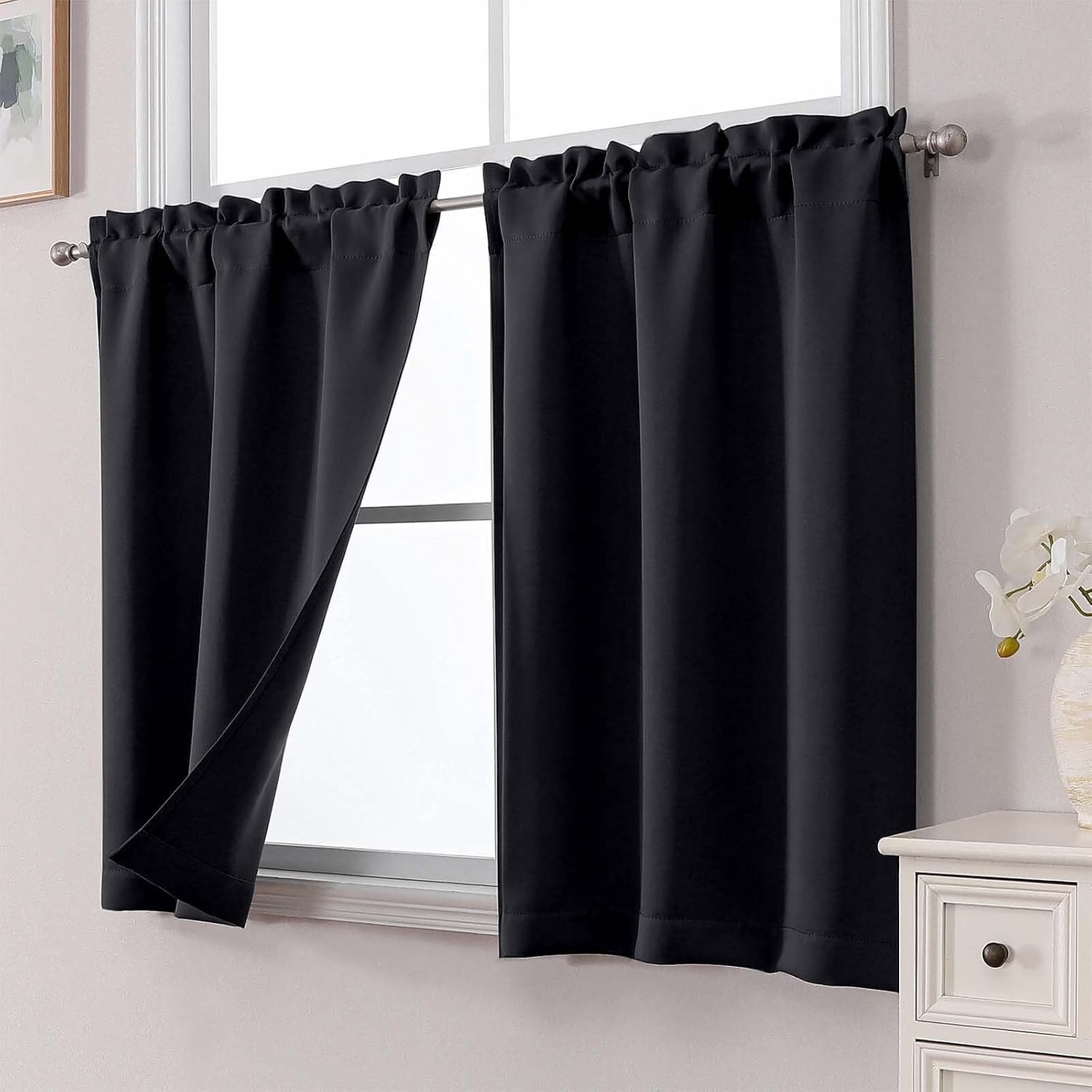 Black Short Blackout Curtains for Small Bedroom Window 36 Inches Long 2 Panels,