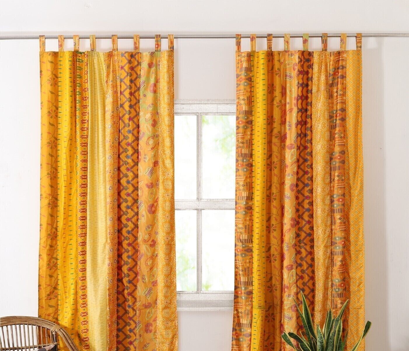 2 Pc Indian Sari Patchwork Curtain Drape Window Decor Yellow Silk Sari Curtain