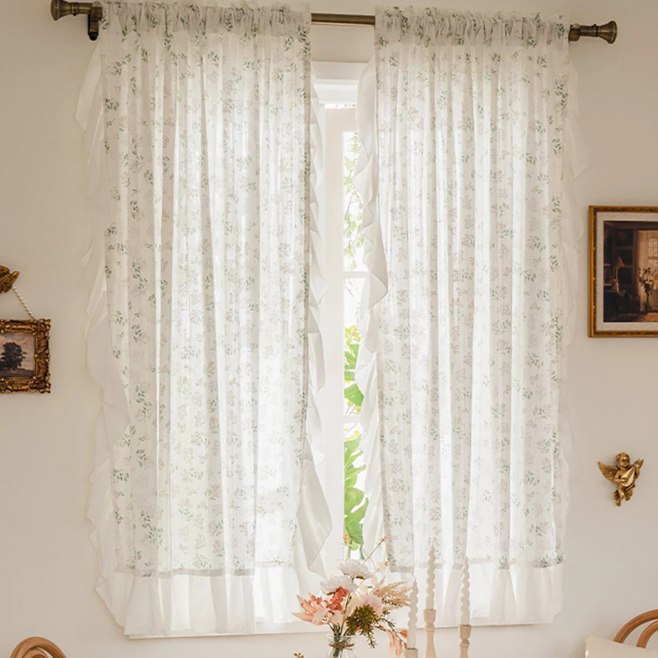 Korean Ruffle Daisy Curtains Road Pocket Shade Curtain Floral for Kitchen Bedroo