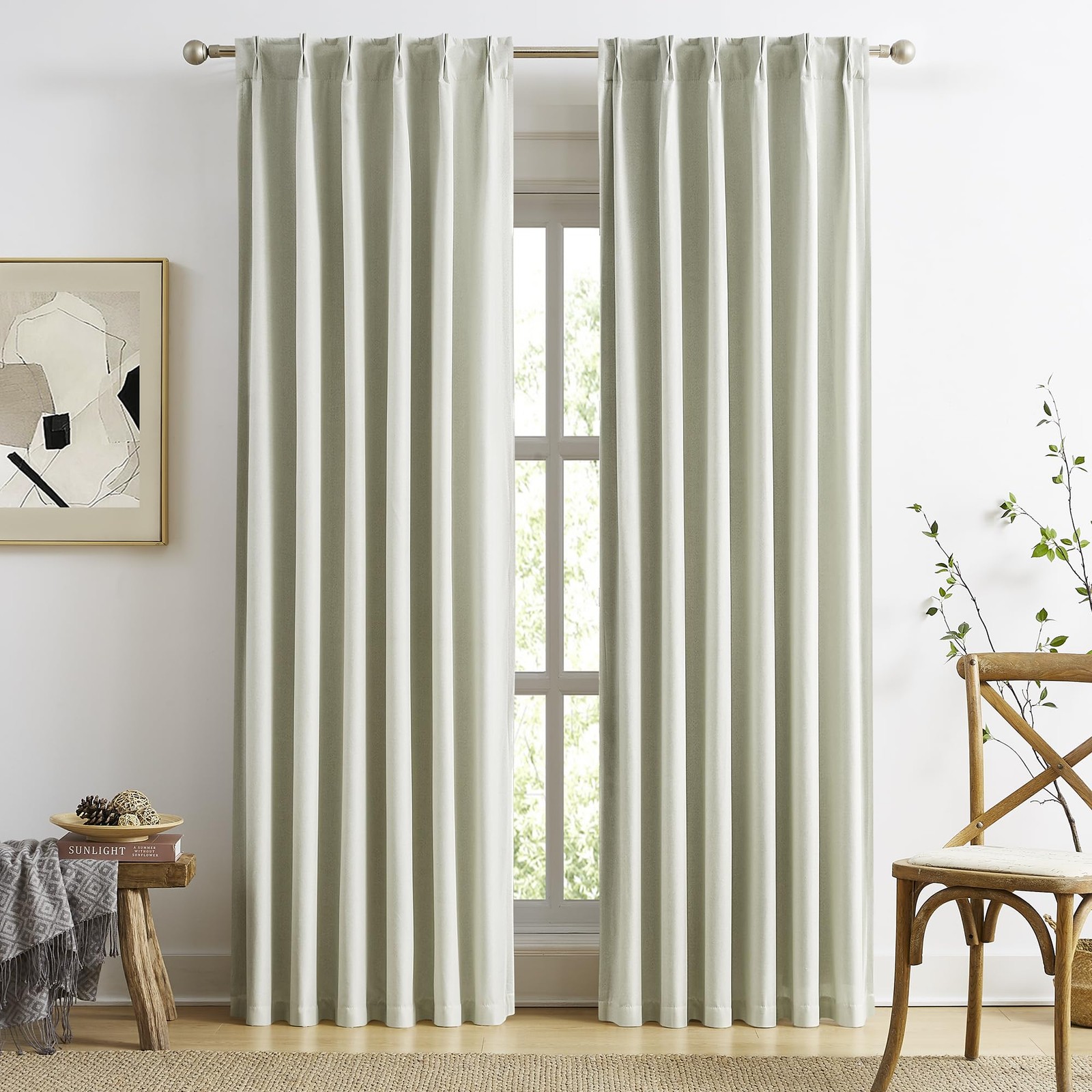 Natural Blackout Pinch Pleat Curtains 120 Inches Long 10ft Length, Back Tab P…