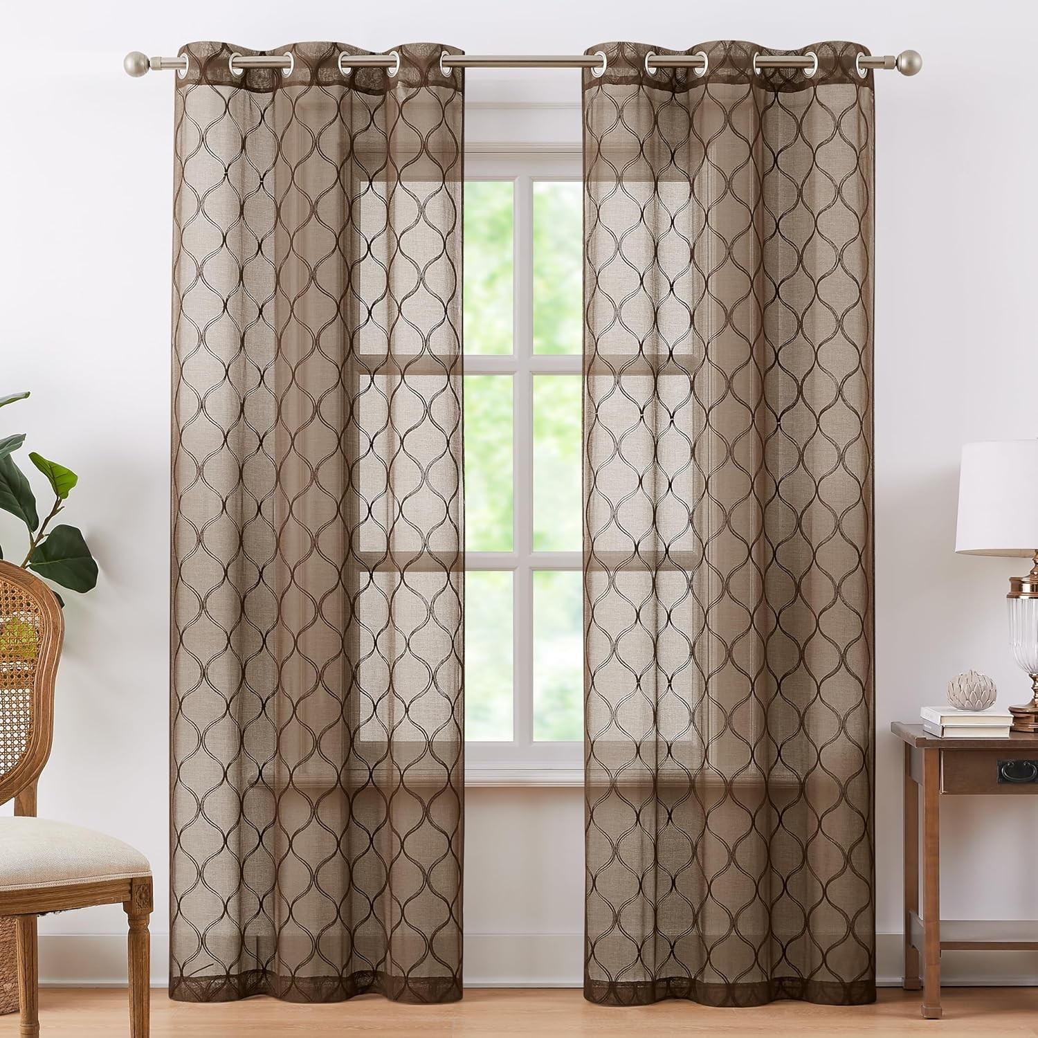 Light Filtering Brown Sheer Curtains 2 Panels 38”x63” – Modern Moroccan Style