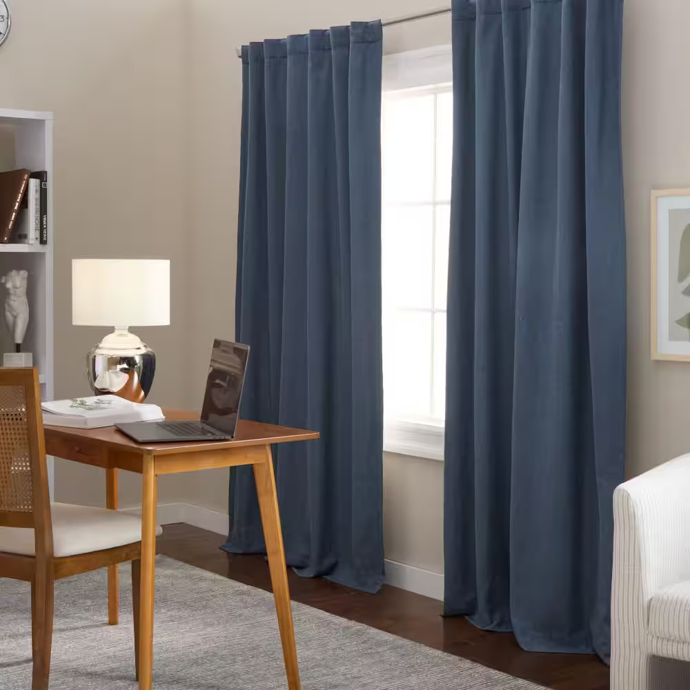 Arlo Solid Linen Texture 50 In. W X 108 In. L Polyester Blackout Navy Blue Curta