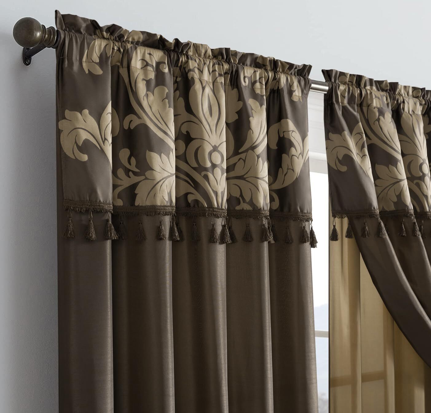 Chezmoi Collection Royale Jacquard Floral Curtain Set with Attached Valance