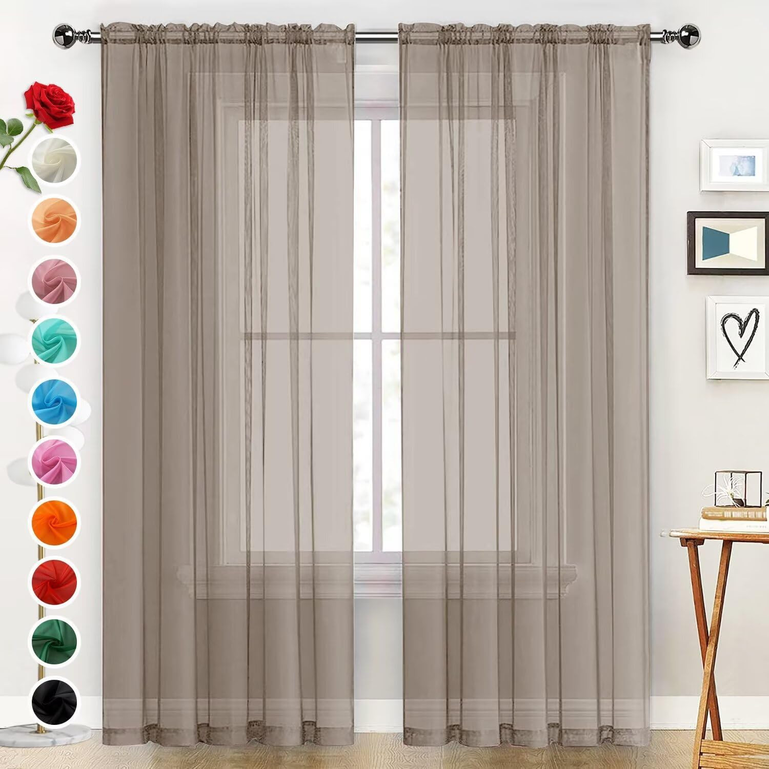Basic Rod Pocket Sheer Voile Window Curtain Panels Taupe 1 Pair 2 Panels 52 Widt