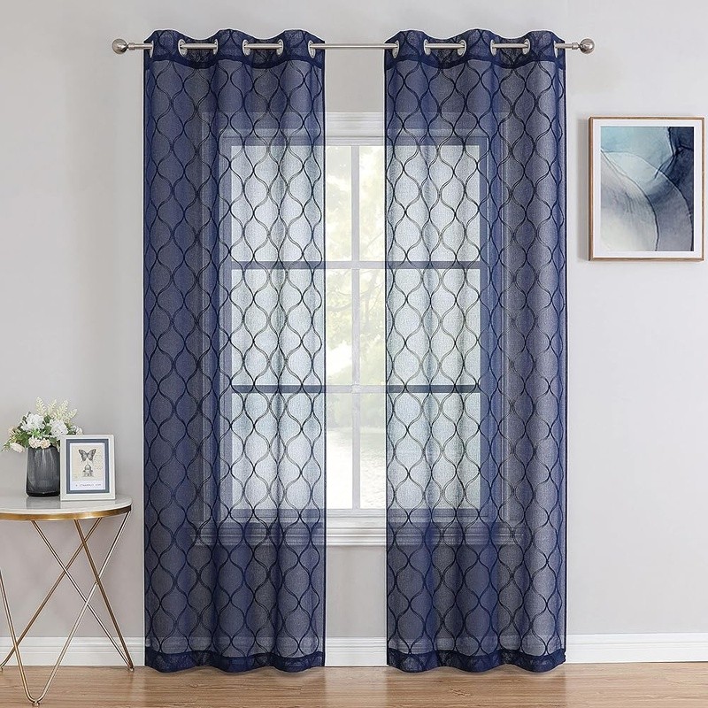 Geometric Sheer Curtains Light Filtering Embroidery Linen Home Decor Panels US