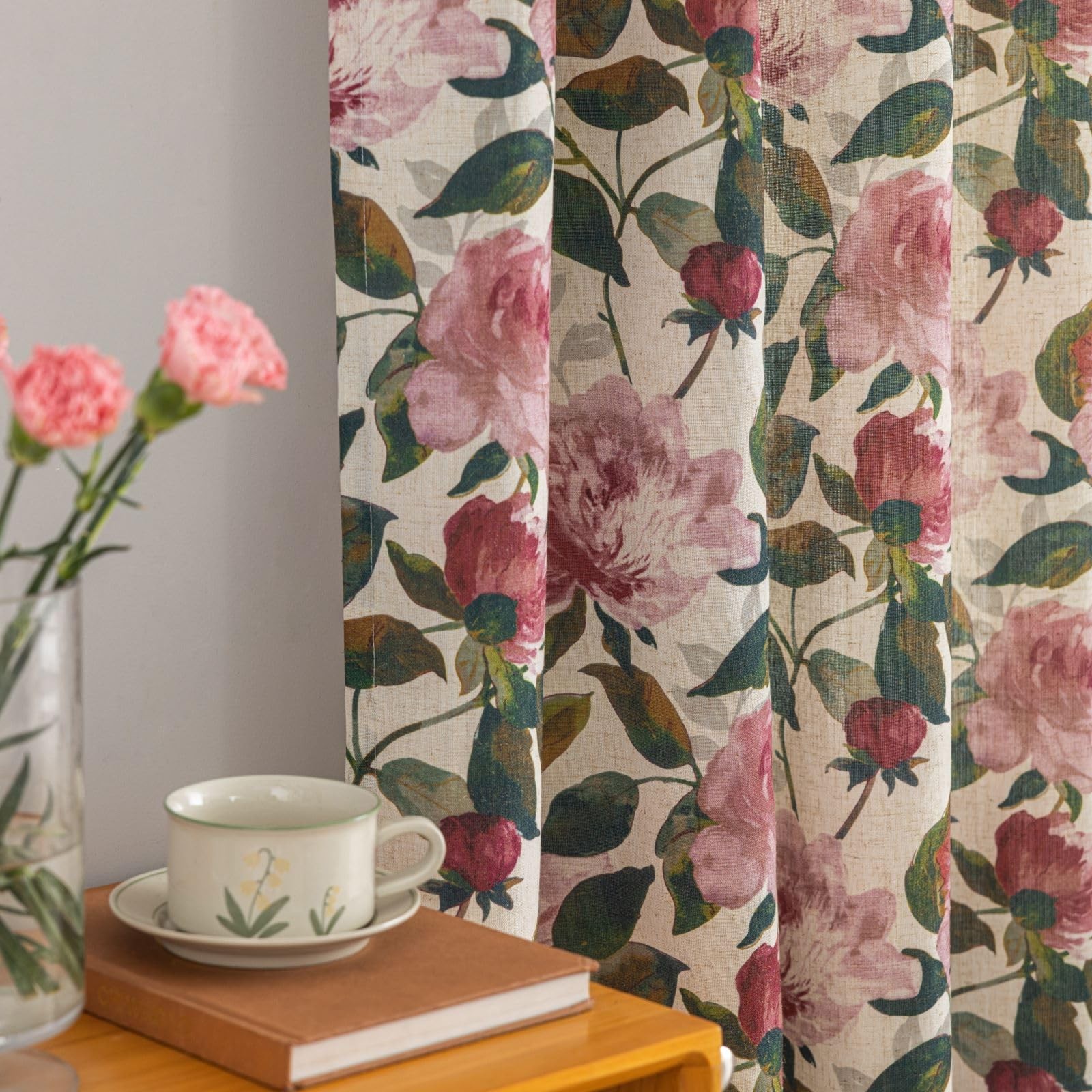 Pink Floral Curtains for Living Room 63 Inch Length, Linen Flower Printed Pat…
