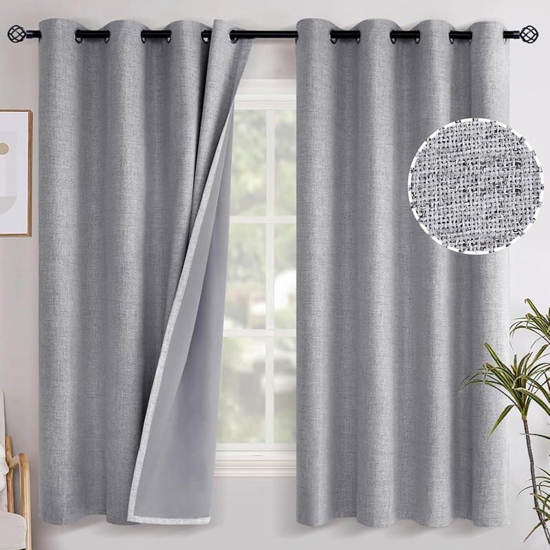 Blackout Curtains Thermal Insulated Faux Linen Room Darkening Set of 2 Grommets