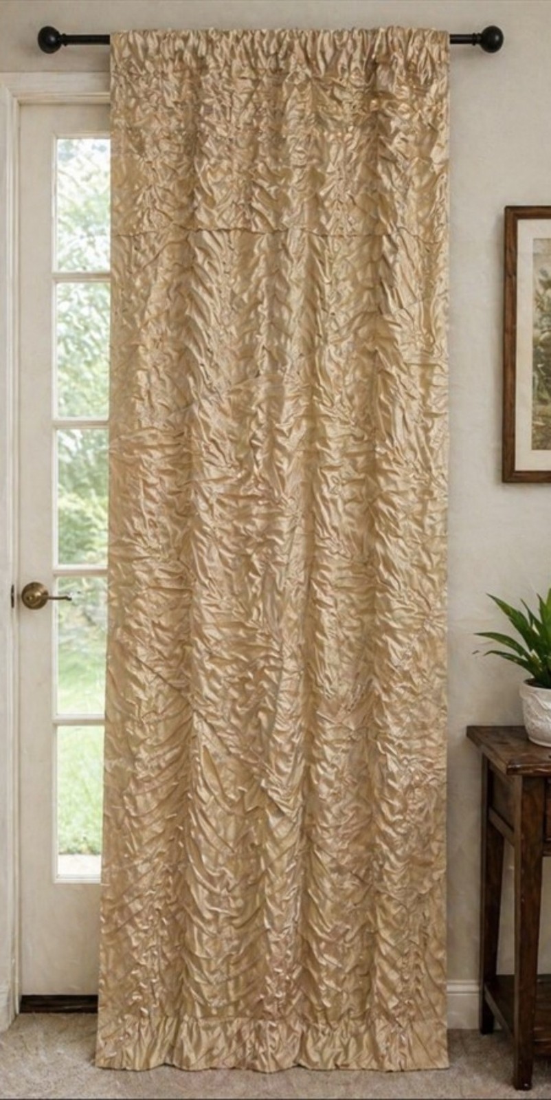 New Gold Crinkle Embossed Satin Top & Bottom Rod Pocket Curtain Panel 47×90″