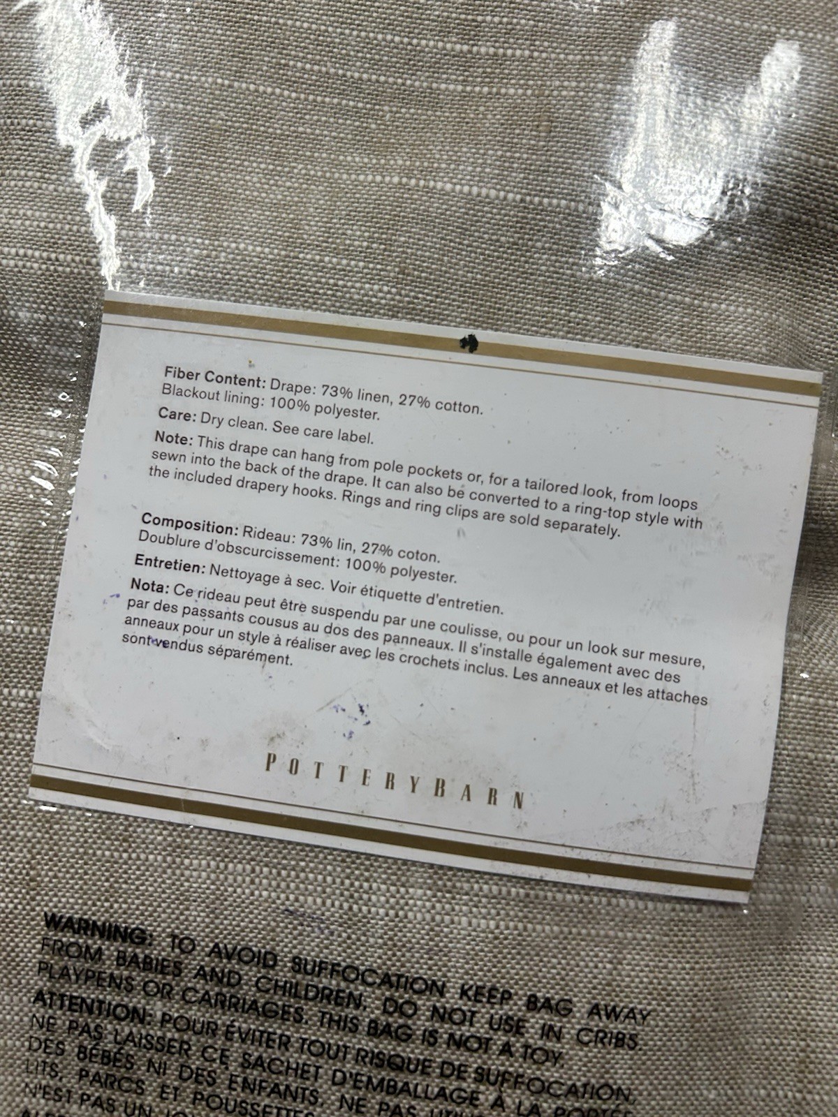 Pair of Pottery Barn Emery Linen Curtains Oatmeal Beige 108×100 Blackout Lining