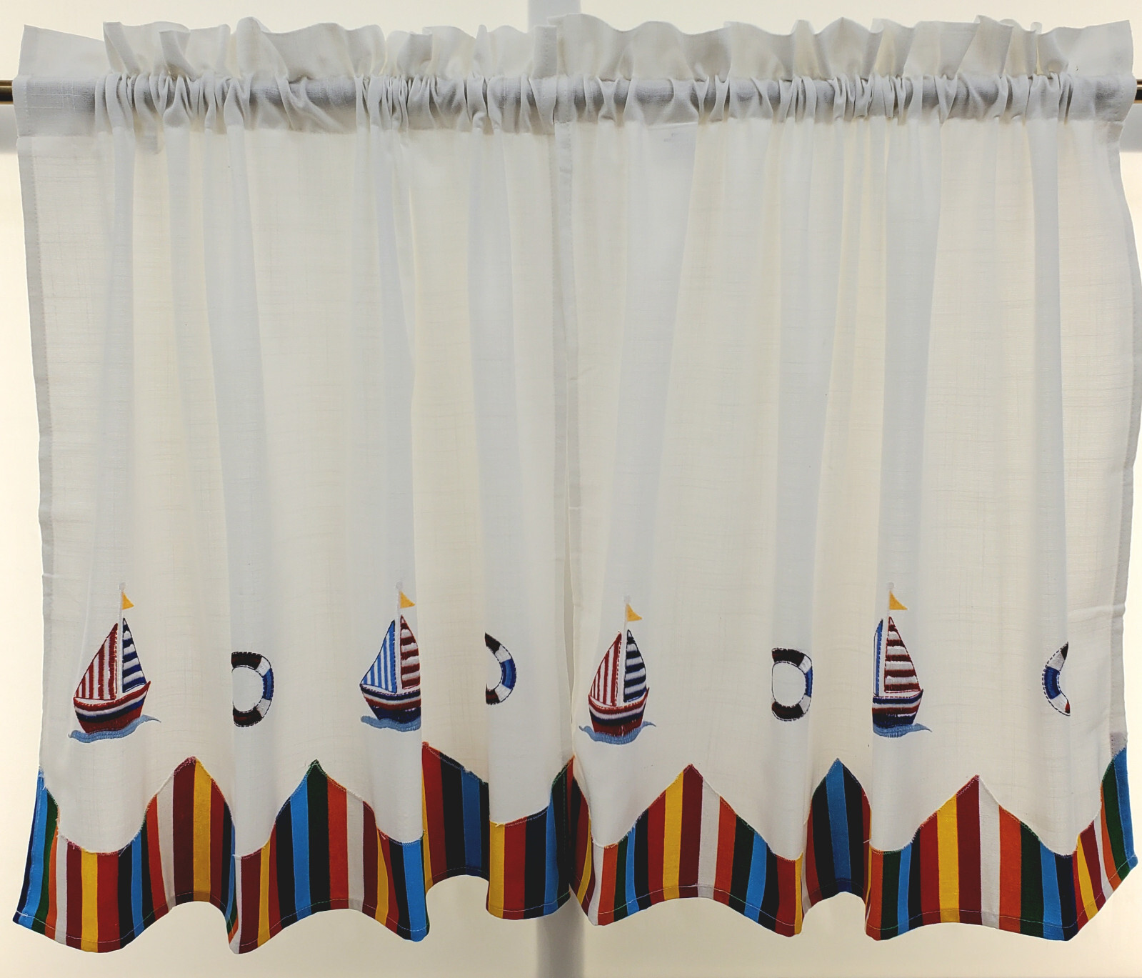 Newport Embroidered Sailcloth Nautical Sailboat Beach Stripe Valance or Tiers