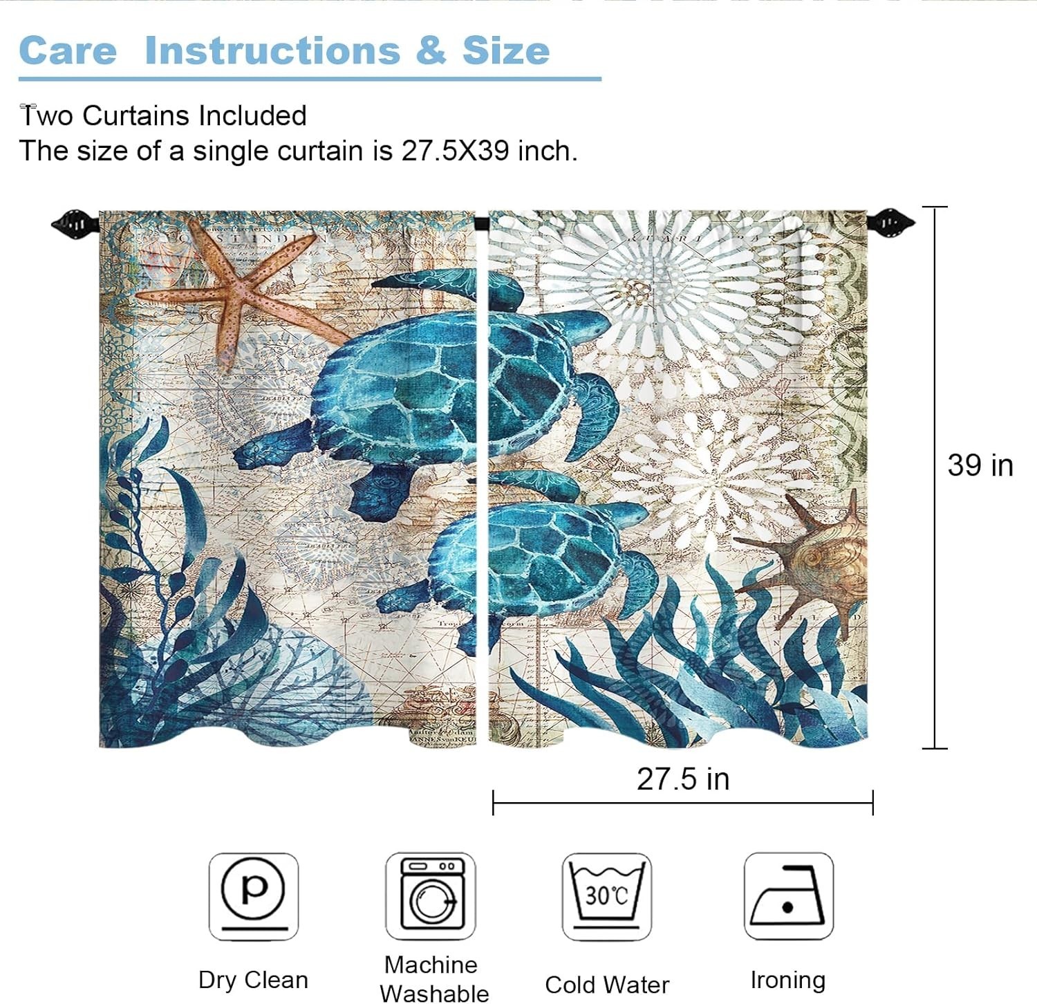 Nautical Blue Sea Turtles Beach Short Kitchen Window Curtains Ocean Starfish Hal