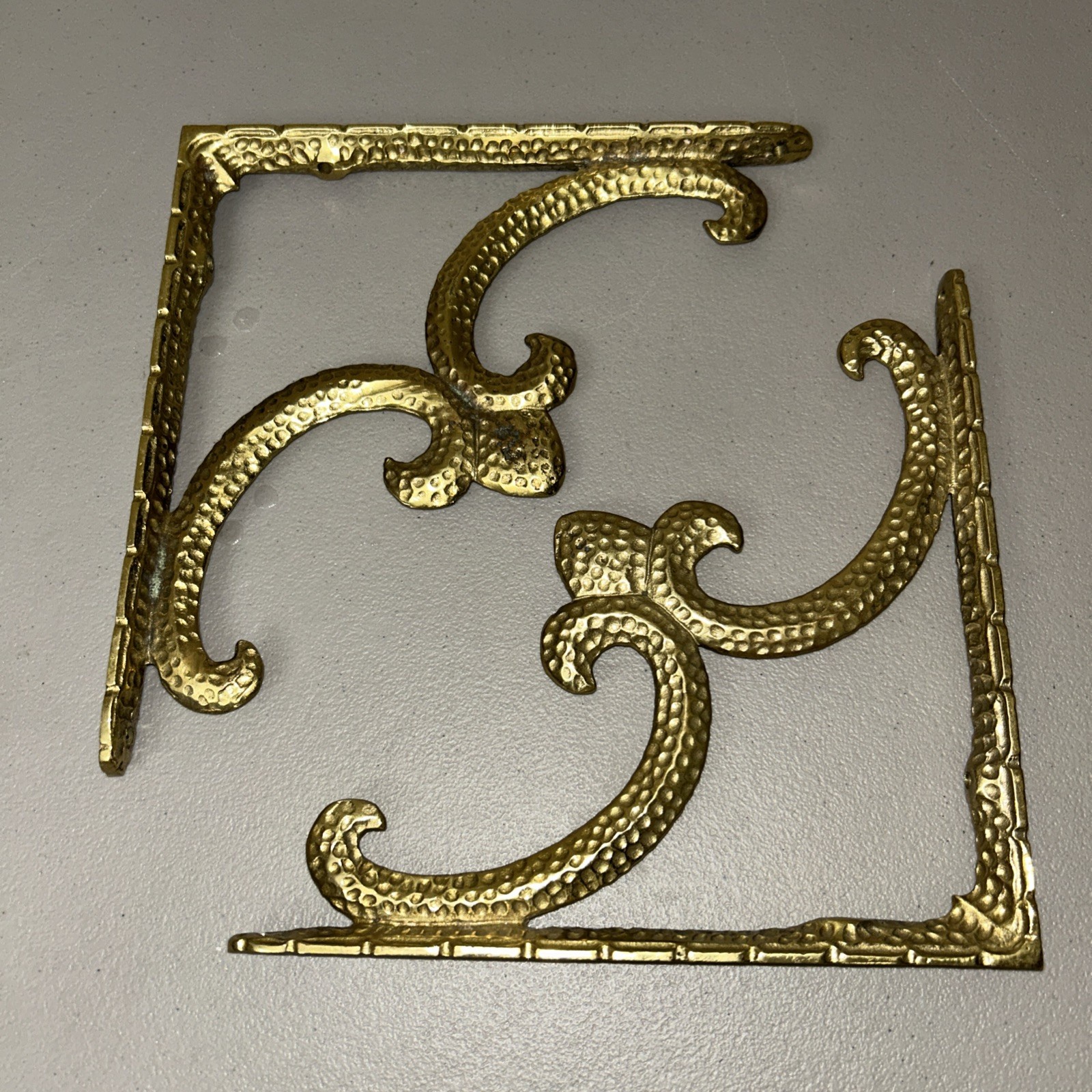 Pair Of Hammered Steel Gold Brass Cornices Scrolled Ornate 9x1x9”