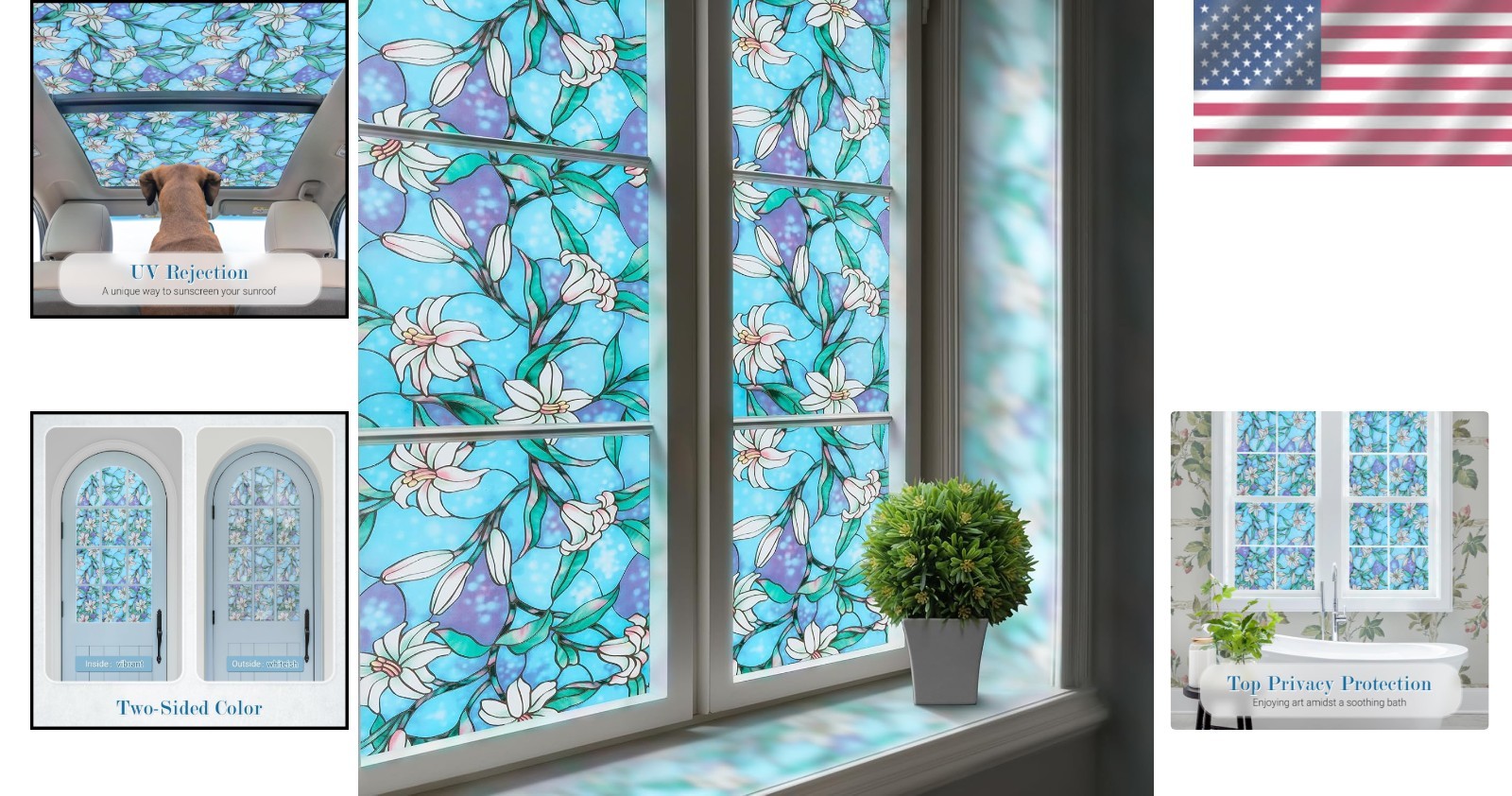 Decorative Static Cling Stained Glass Film – Blue Lily Design, UV Protection
