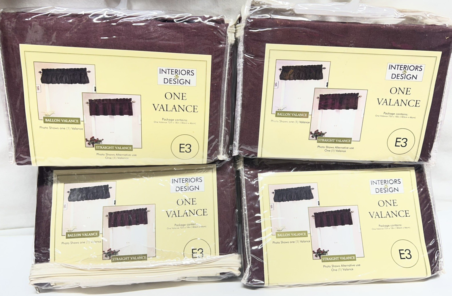 4 burgundy poly/cotton straight/balloon lt-fltring rod pocket valances, 72″