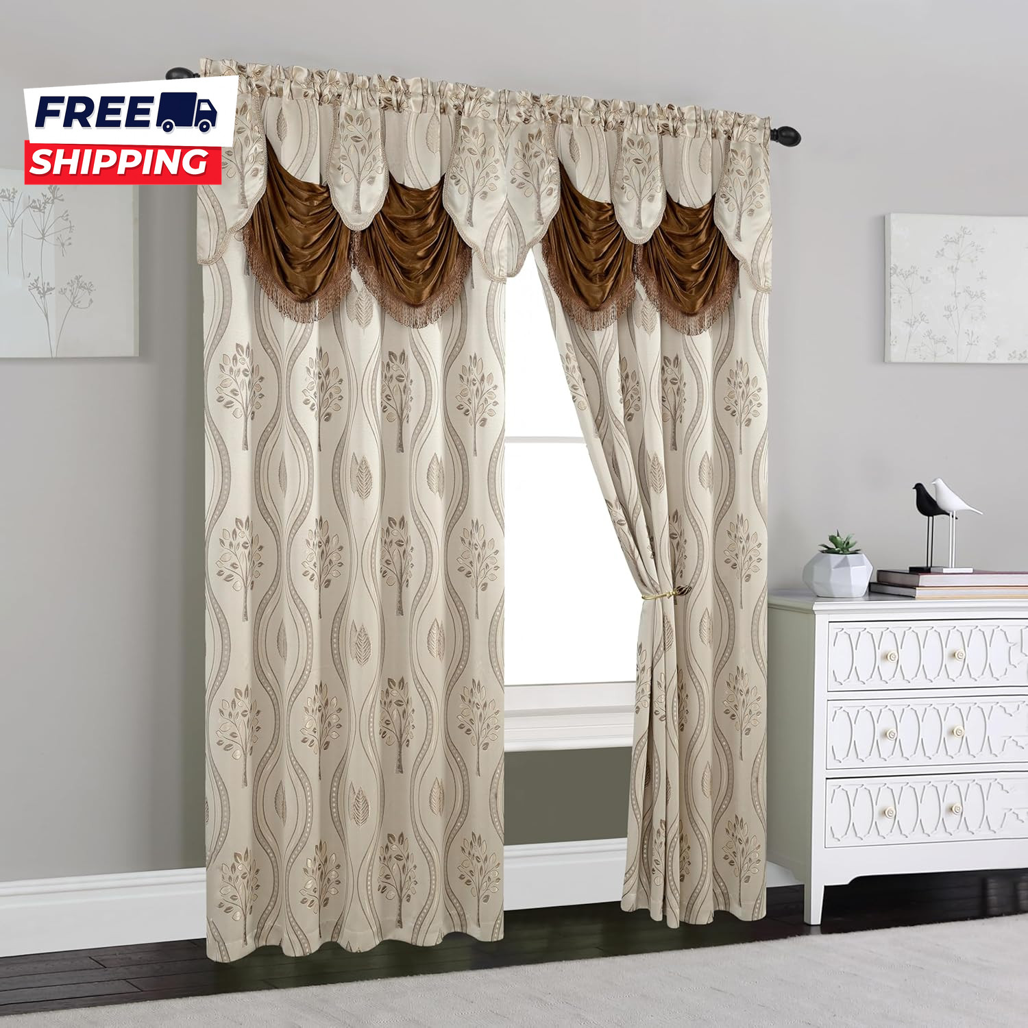 Luxurious Beautiful Curtain Panel Set with Attached Valance and Backing 54″ X 84