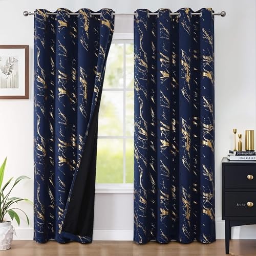 100% Blackout Patterned Curtains 96 52″W x 96″L (Pack of 2) Navy Blue and Gold