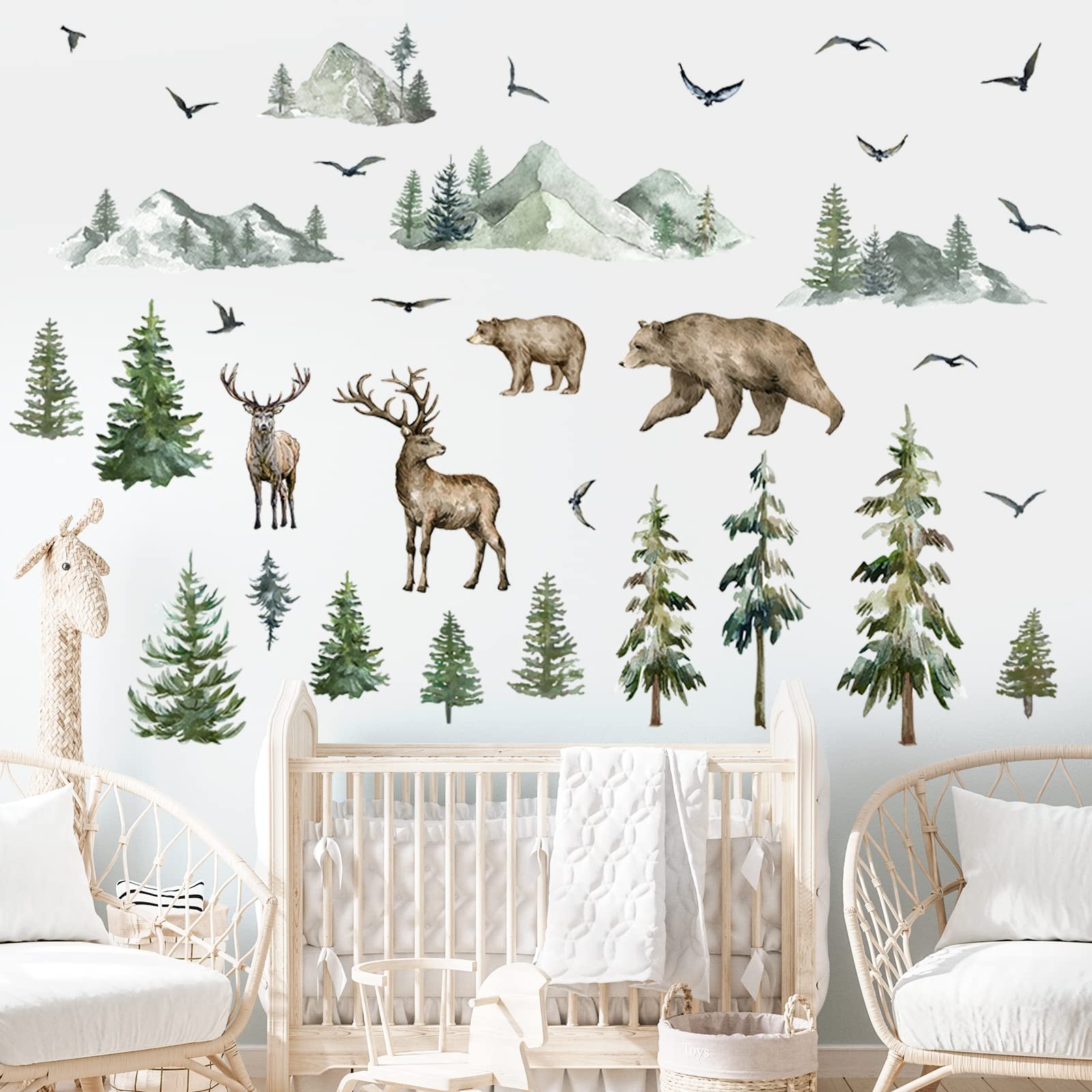 Kajaia Mountain Wall Decals Large Pine Tree Peel and Stick Forest Multicolor