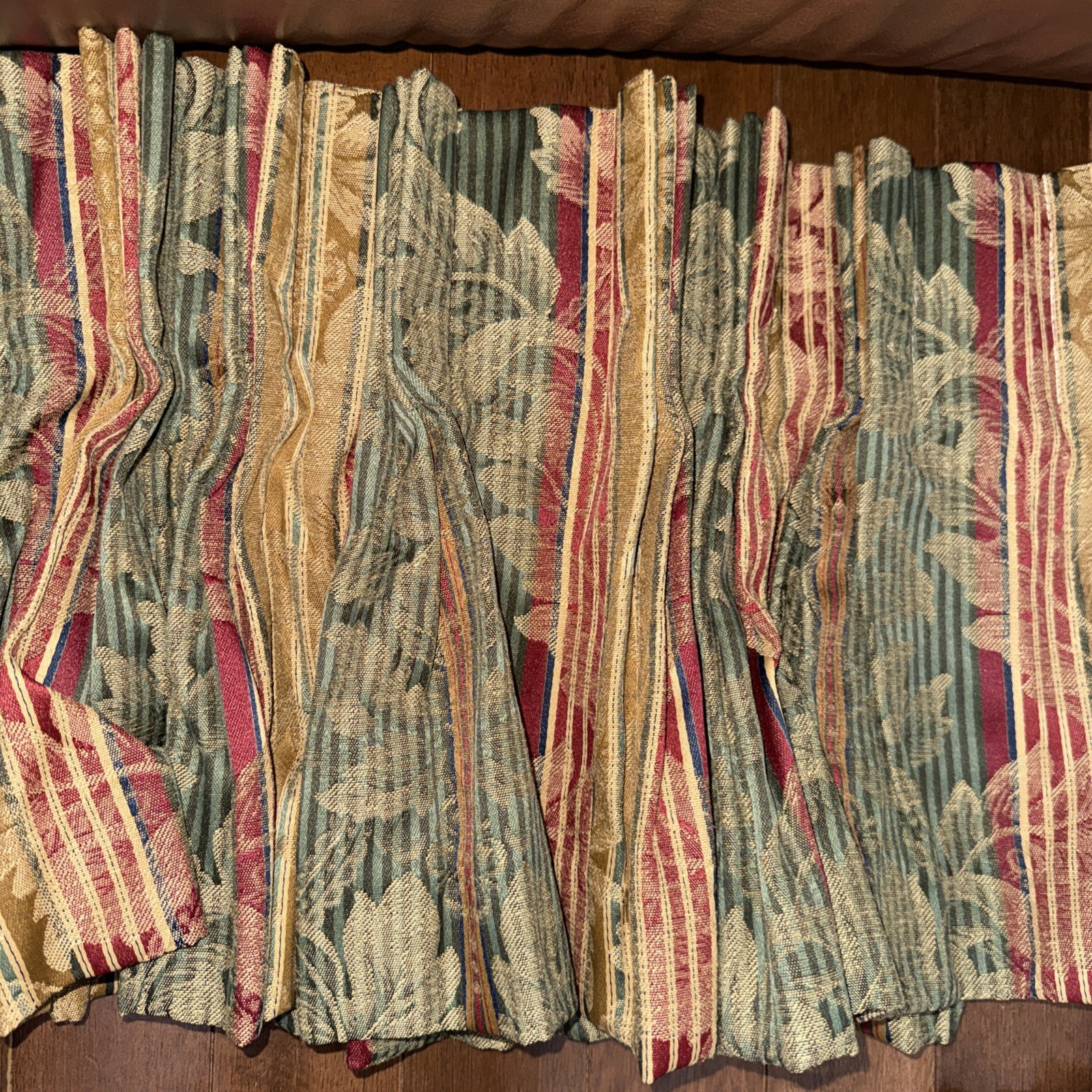 Pair Pinch Pleat Lined 2 Drapes 56Wx84L Brocade-Striped Red Green + 112” Valance