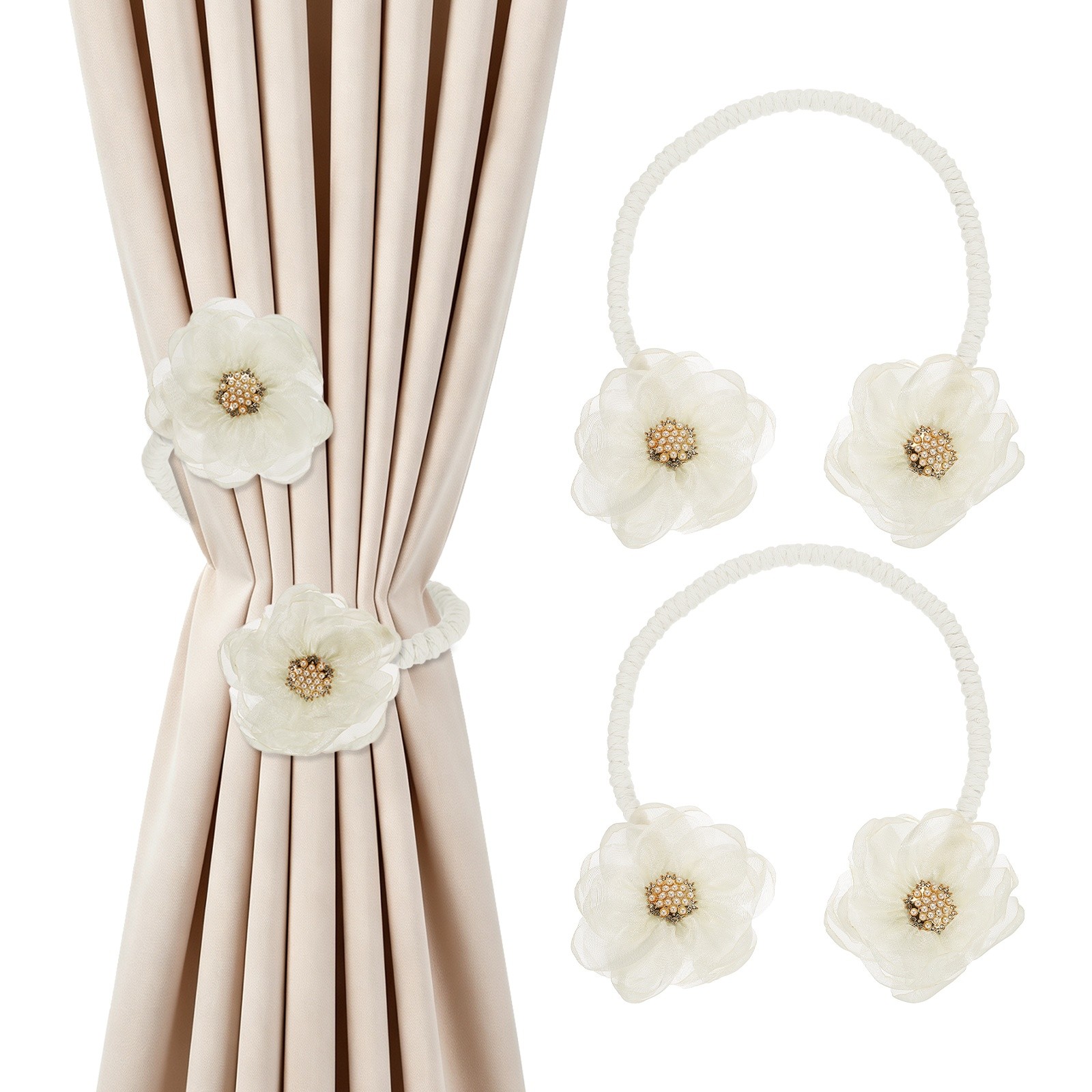 2Pcs Flower Curtain Tiebacks, 2 Flower 45cm Twist Holdbacks Clip, Warm White