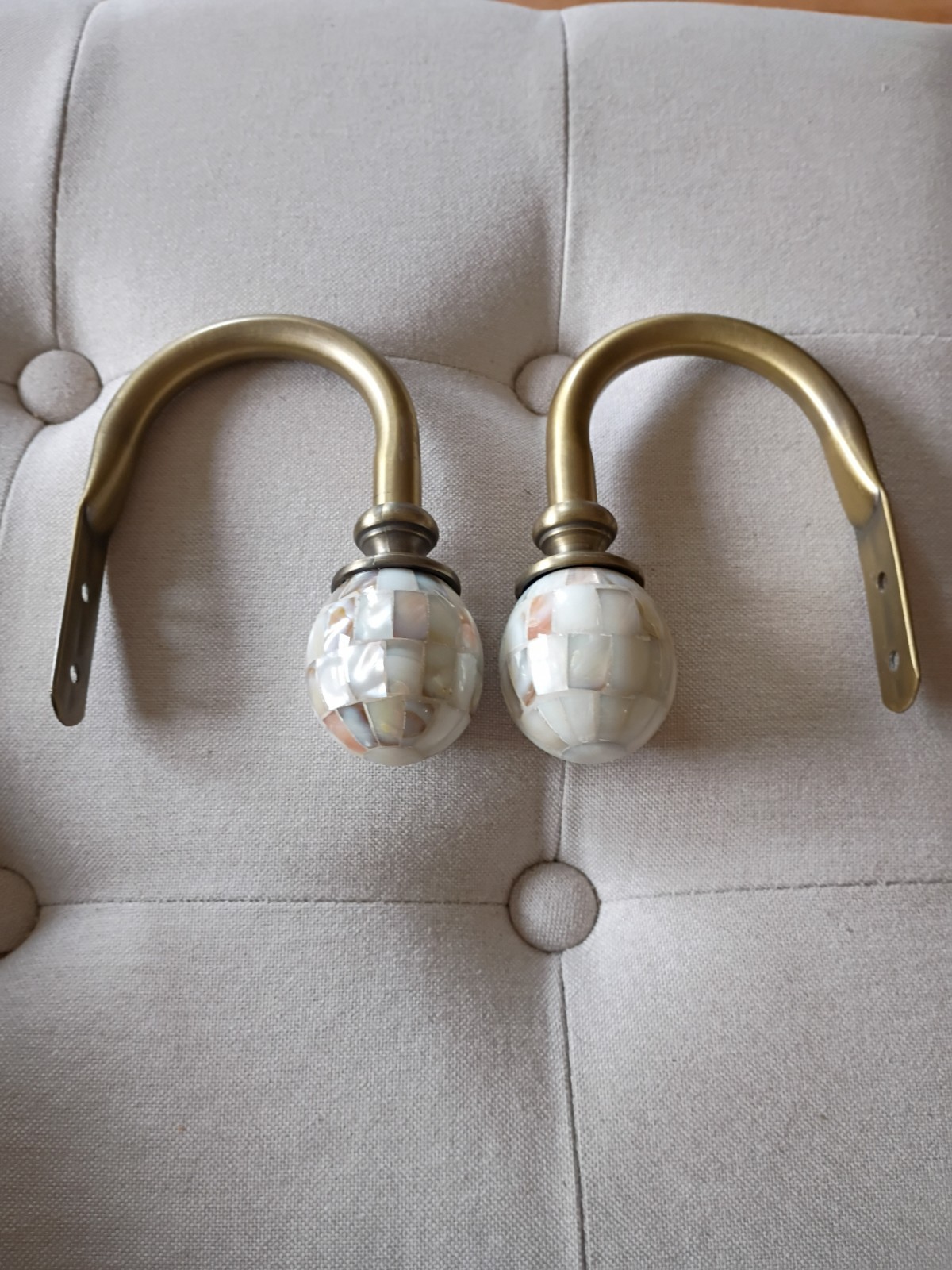 Pair Vtg Curtain Tiebacks Holdbacks Faux Mother of Pearl Aged Brass