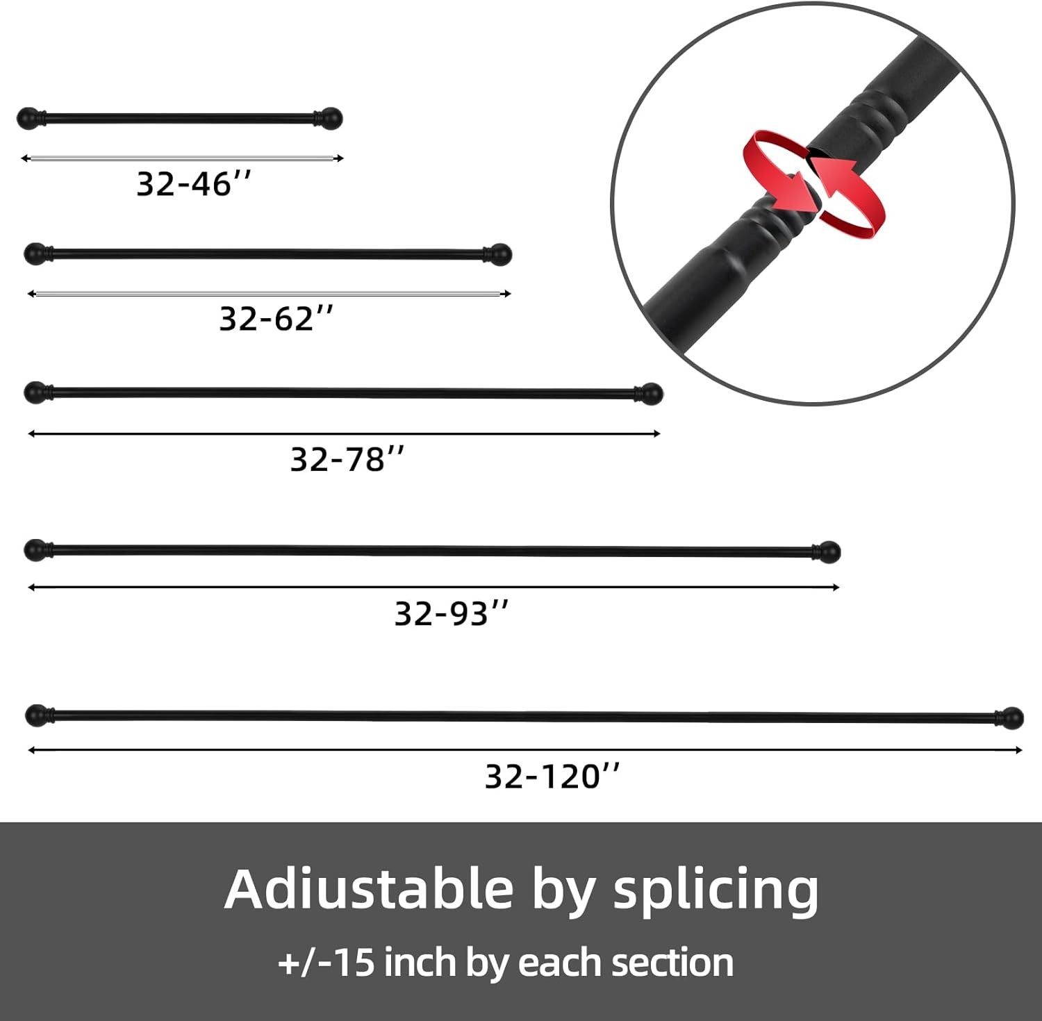 Curtain Rods for Windows 32-62 Inch, 5/8 Inch Decorative Matte Black Splicing He