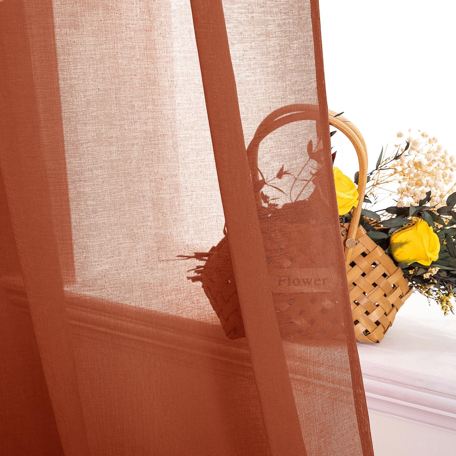 Boho Fall Terracotta Linen Textured Sheer Curtains 54W×84L 2 Panels