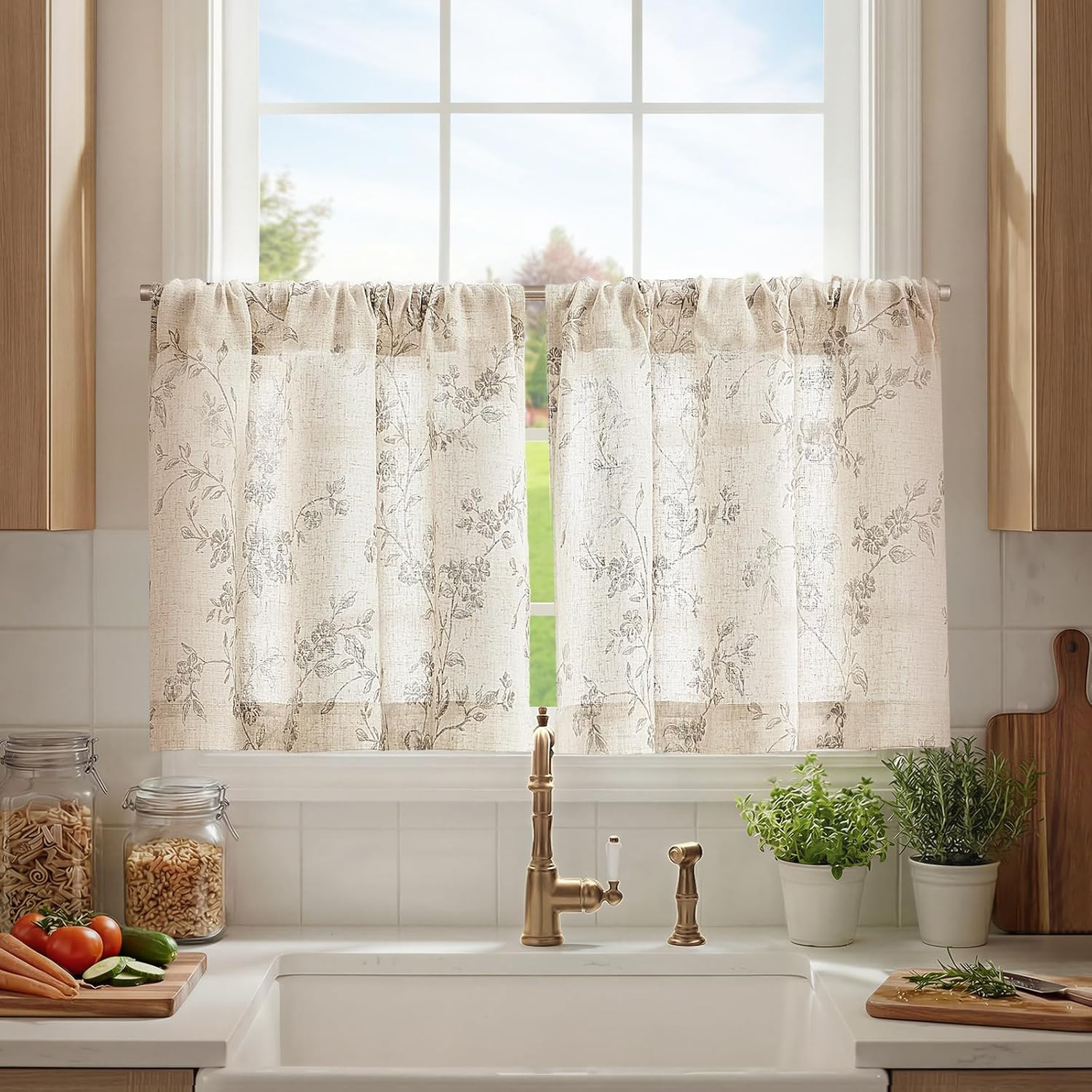 jinchan Floral Kitchen Curtains 24 Inch Linen Tier Curtains Farmhouse Cafe Half