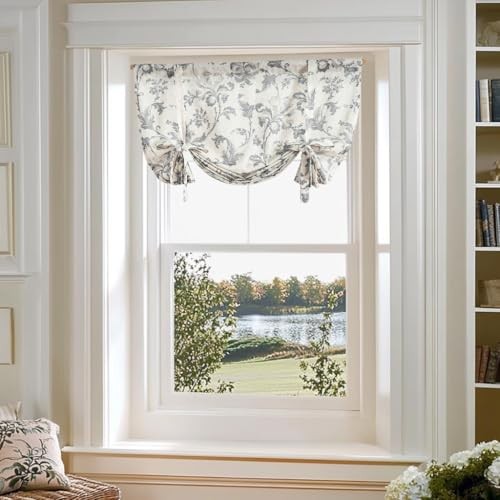 Tie Up Valance Floral Linen 42″W x 45″L (Pack of 1) B Floral | Grey on Beige