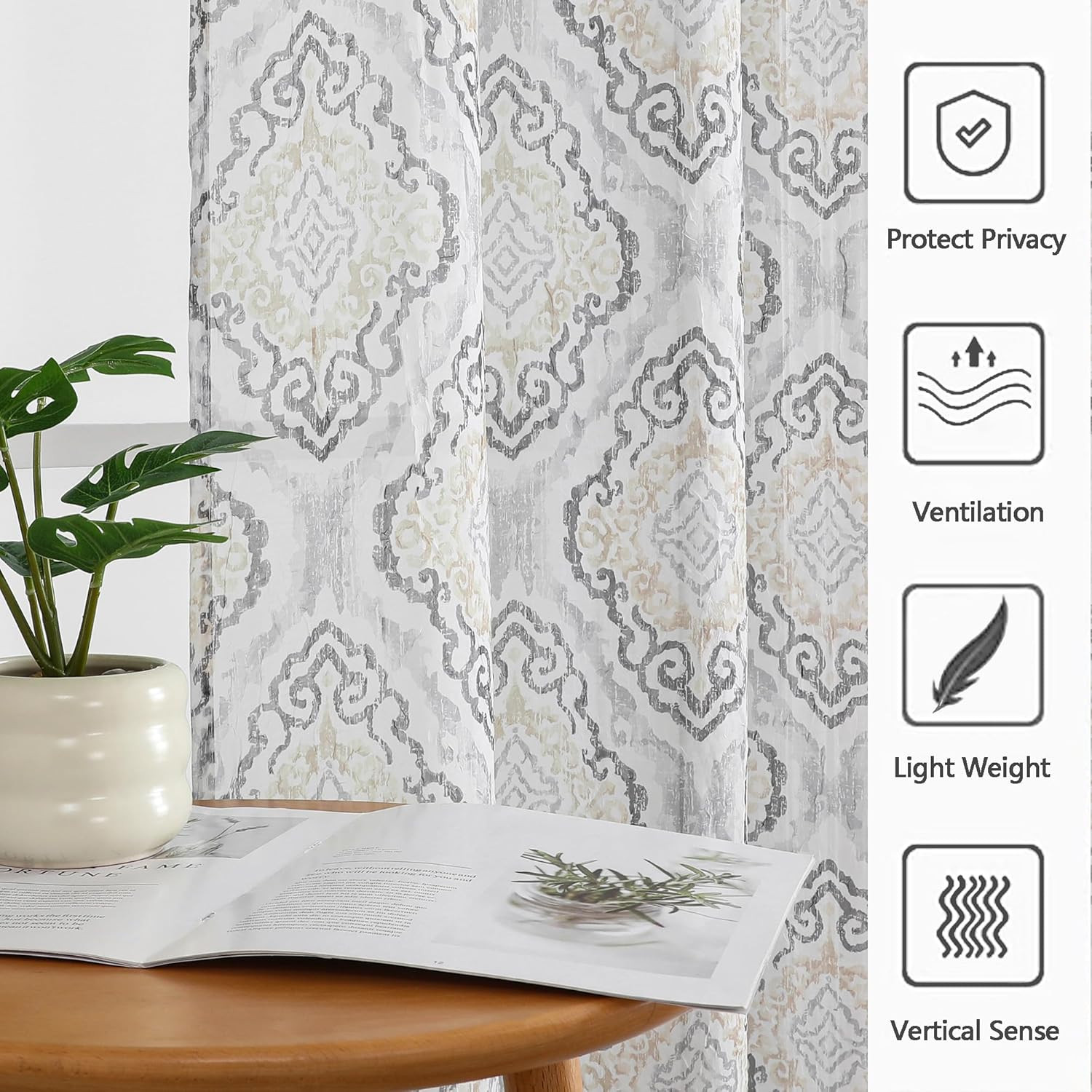 Printed Sheer Curtains 84 Inches Long 2 Panels Set, Light Filtering Crinkle Crus