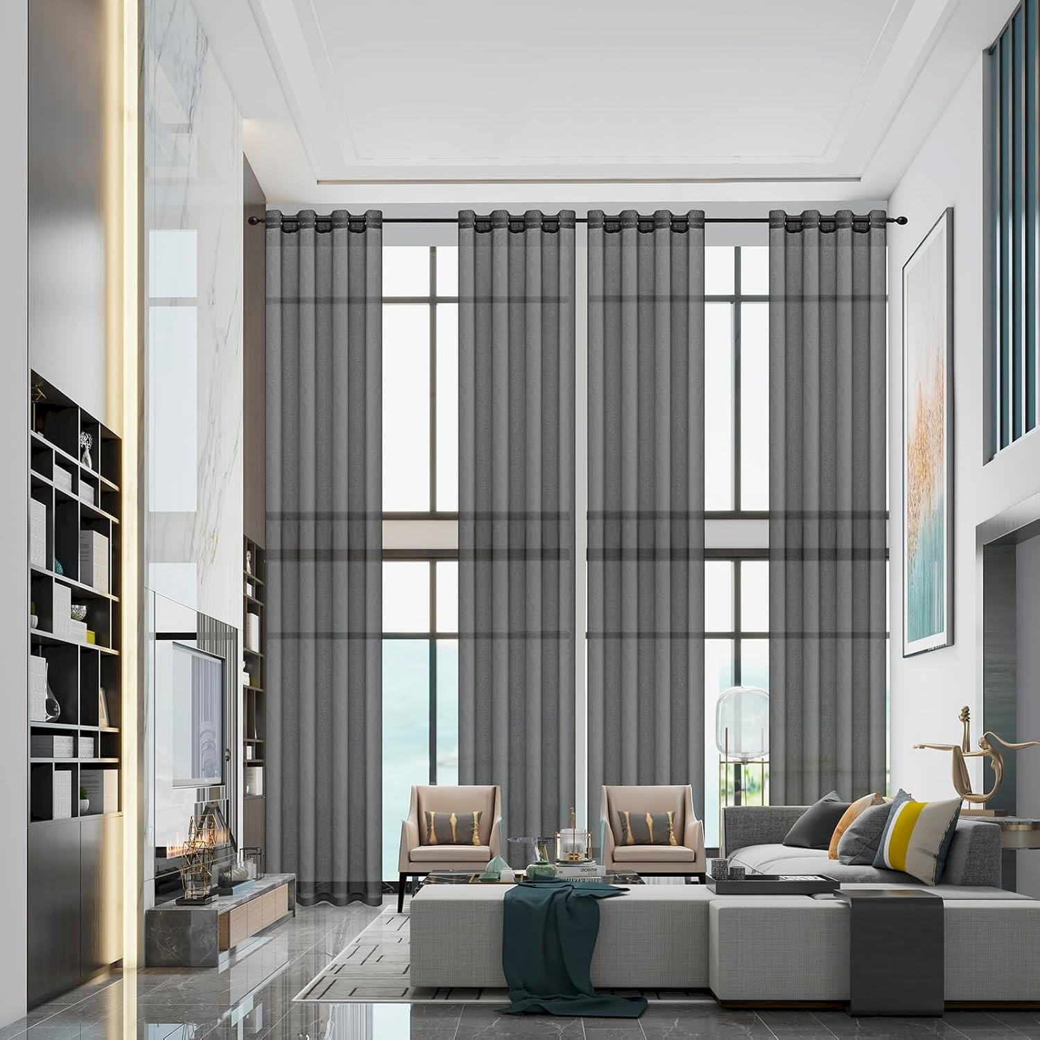 20Ft Extra Long Sheer Curtains for Tall Windows – Pure Black 52×240 Panel