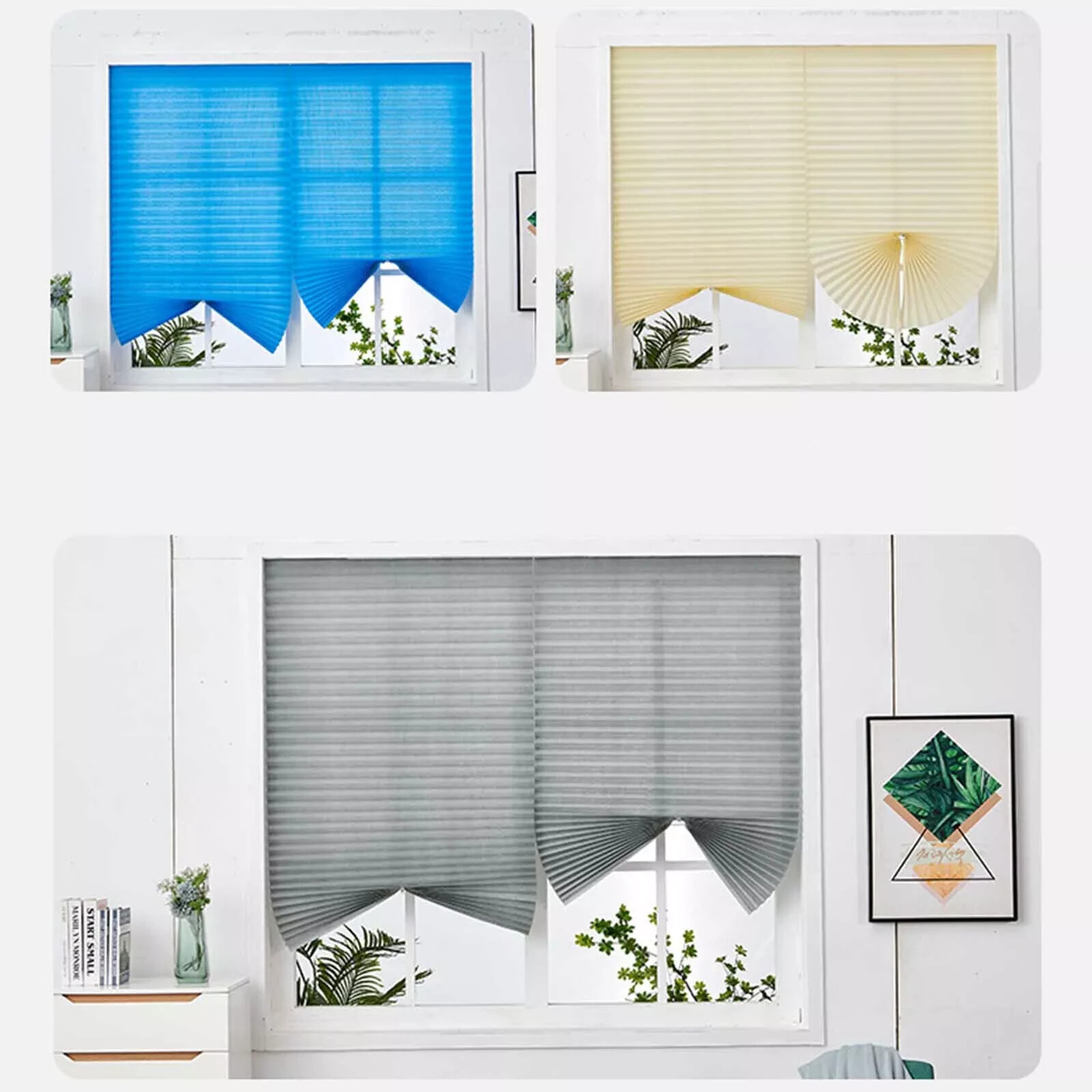 Pleated Fabric Shades, Temporary Window Blinds, No Drilling Self Adhesive Blind*
